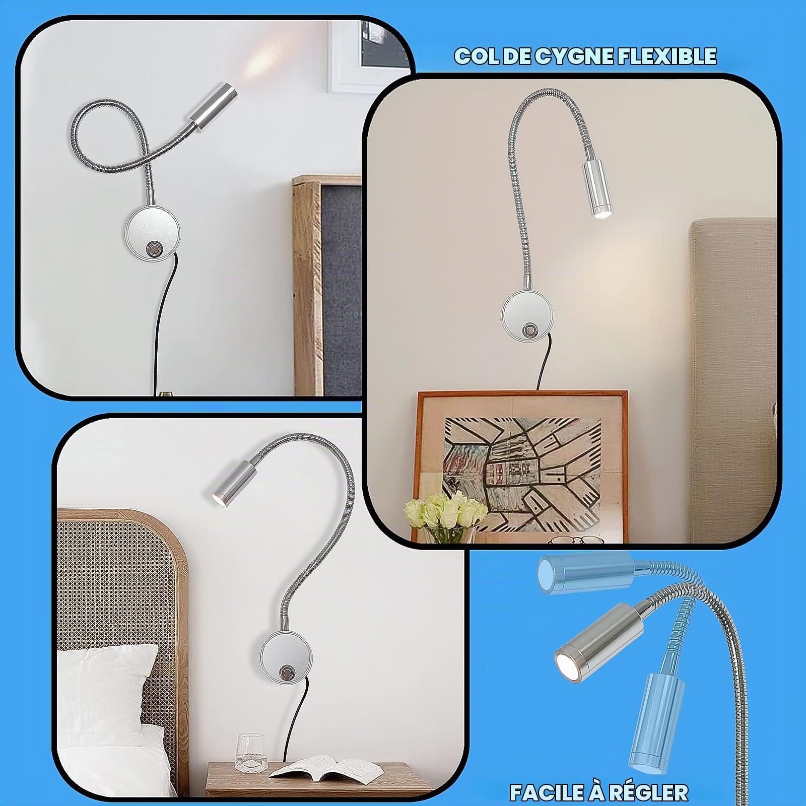 Lampe de Lecture Dimmable Tactile, Lumière Liseuse Murale Intérieur LED avec Interrupteur et Port de Chargement USB 360°Lampe Lit à Col de Cygne Flexible Applique Chevet Chambre avec Adaptateur EU