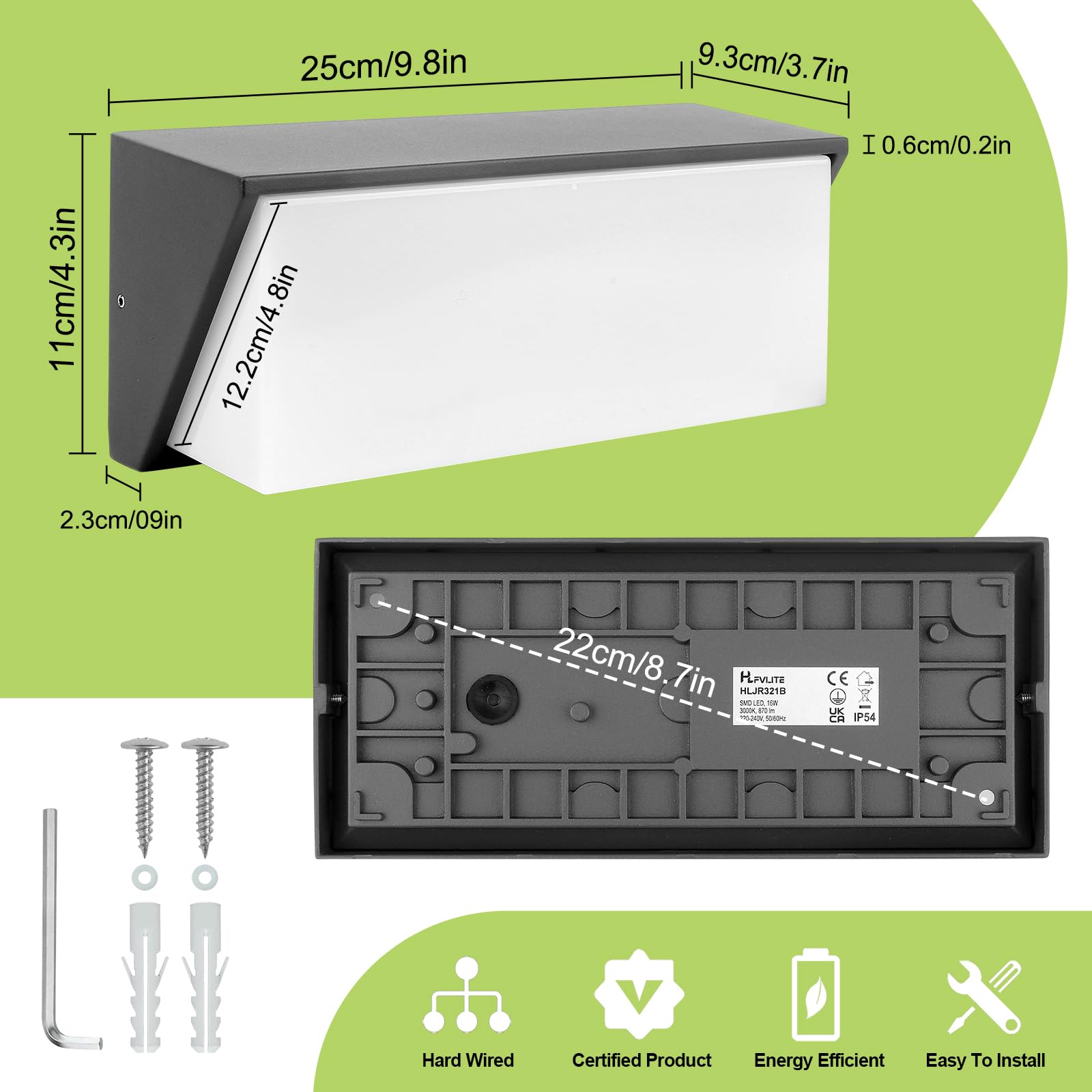 HLFVLITE Lampada da Parete LED per Esterni, Applique da Giardino in Alluminio, IP54 Impermeabile, 870LM 3000K Bianco Caldo, Grigio Antracite