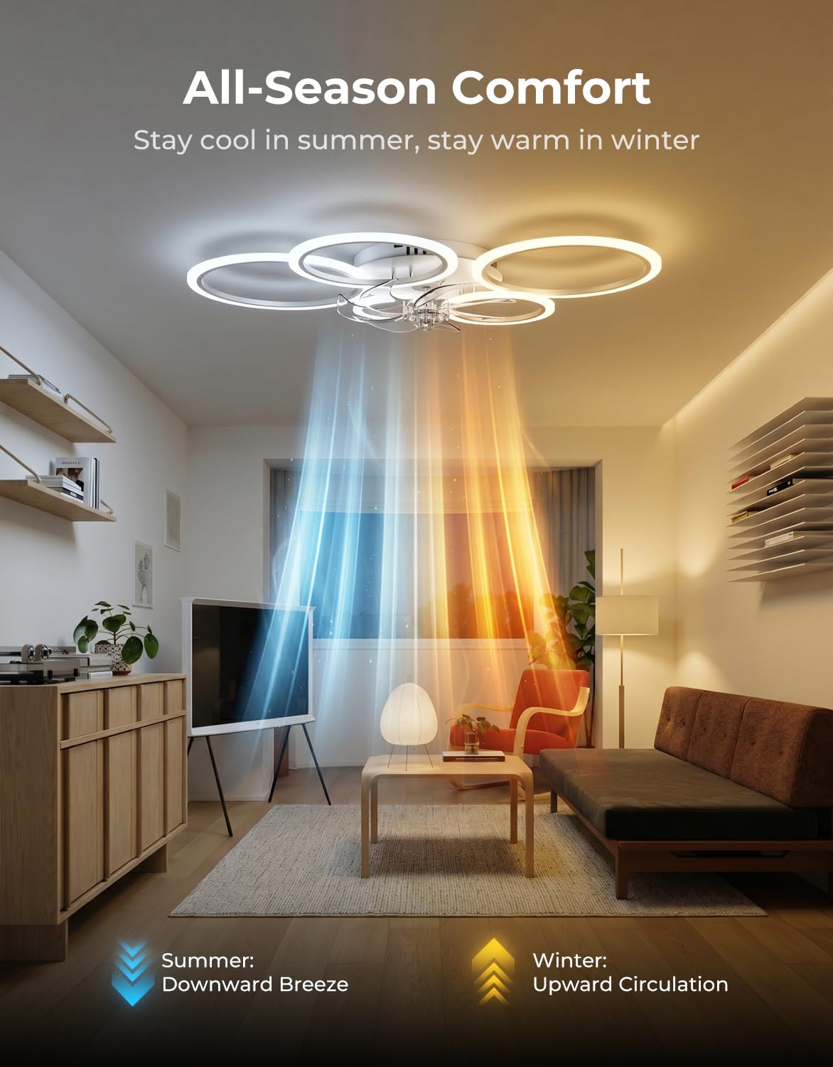 Lampara Ventilador Techo Led Compatible con Alexa, Google Assistant, Anillo Ventiladores de Techo con Luz Silencioso, Regulable, 6 Velocidades, Motor DC, Modo Verano/Invierno