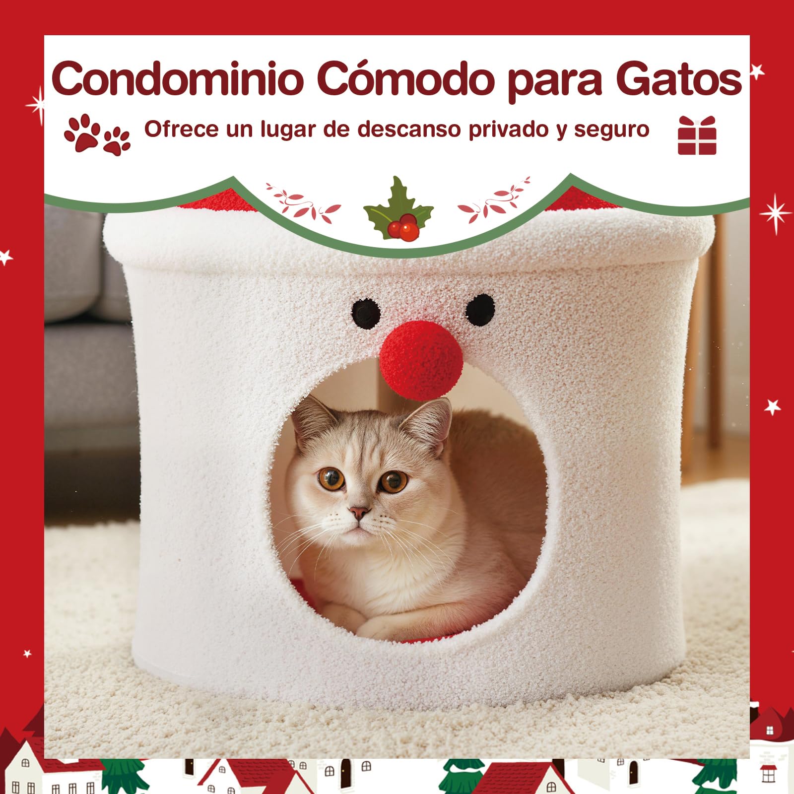 COSTWAY Árbol de Navidad para Gatos, 75 CM Torre para Gatos en Forma de Papa Noel con Percha Superior Acolchada, Condominio, Suave Cojín de Felpa, Casa Gato de Interior para Decoración Navideña