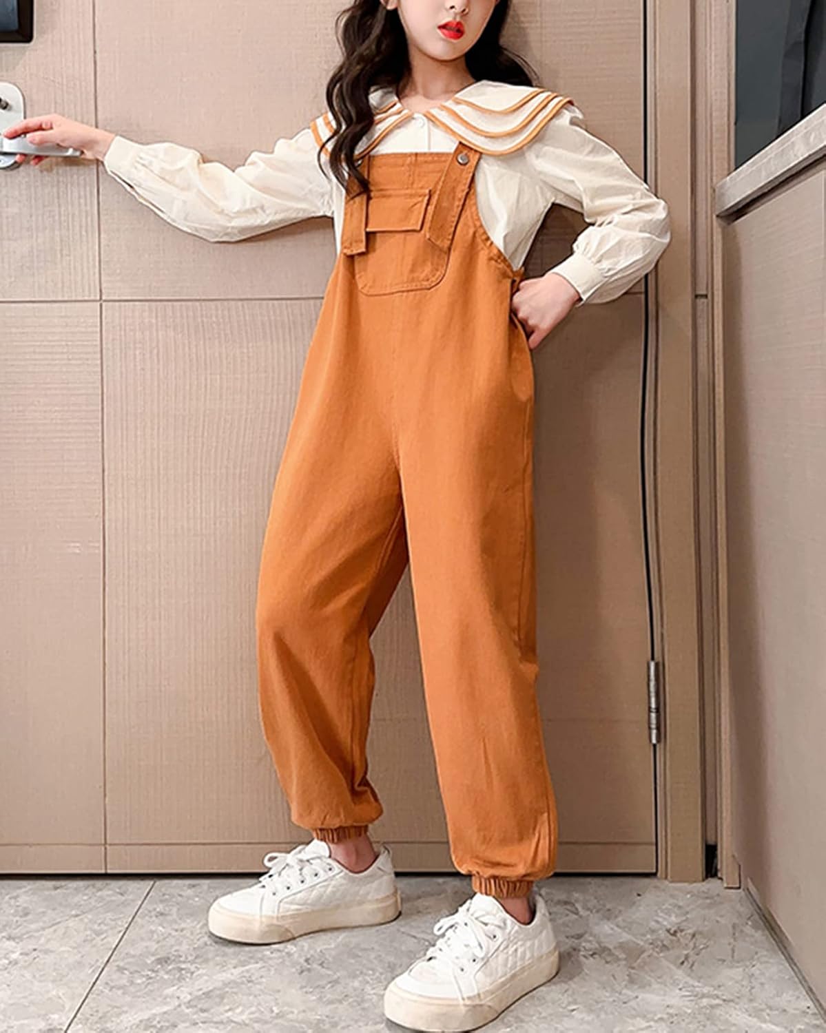 Kids Girls Overalls Adjustable Strap Bib Overalls Casual Dungarees Jumpsuit and Long Sleeve Shirt 2 Pieces Set