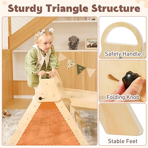 Miniatura 3 de Juego de triángulos Pikler con mango 3 en 1 con tobogán ancho y rampa, juguetes de escalada Montessori plegables de madera, escaladores de interior