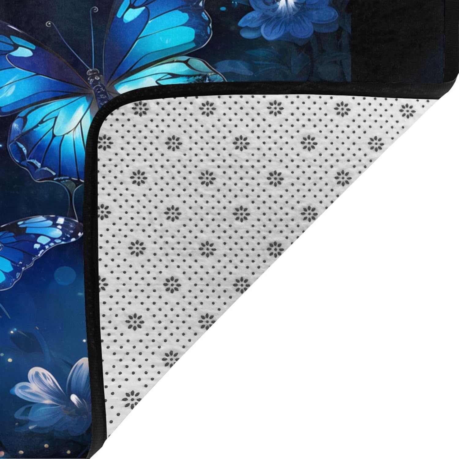 Flannel Non-Slip (Dark Blue Butterflies Print) Rug Pad 80×50in Soft Washable Protective for Hardwood Floors Bedroom Bathroom Living Room