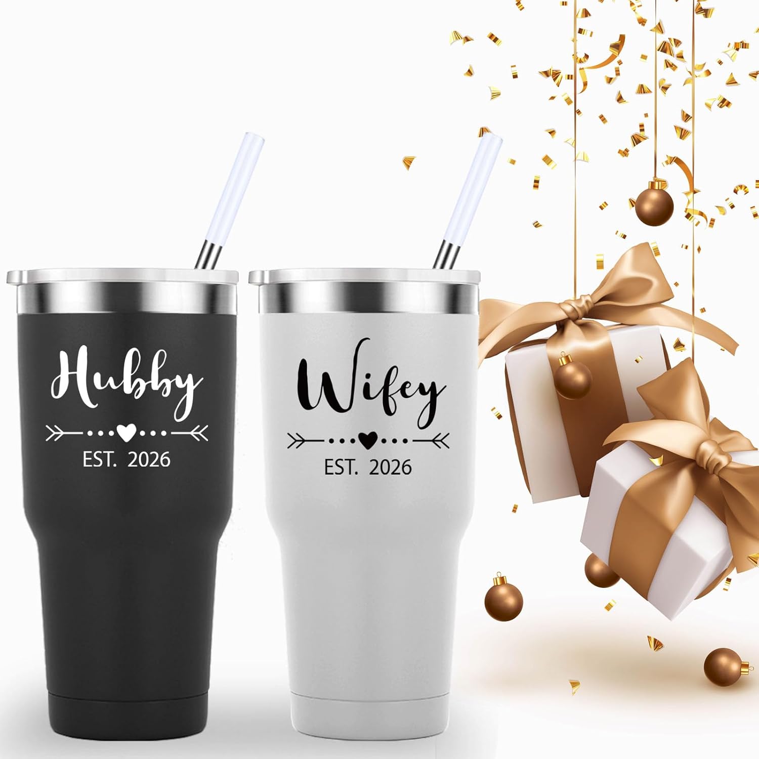 Mamihlap Hubby & Wifey Est 2026 Travel Mug 30oz Tumbler.Valentine’s Day Gifts.Anniversary Wedding Engagement Gifts.Gift for Couple Her Him Bridal Shower Husband Wife Newlywed Couple.(Black&White) - Image 5