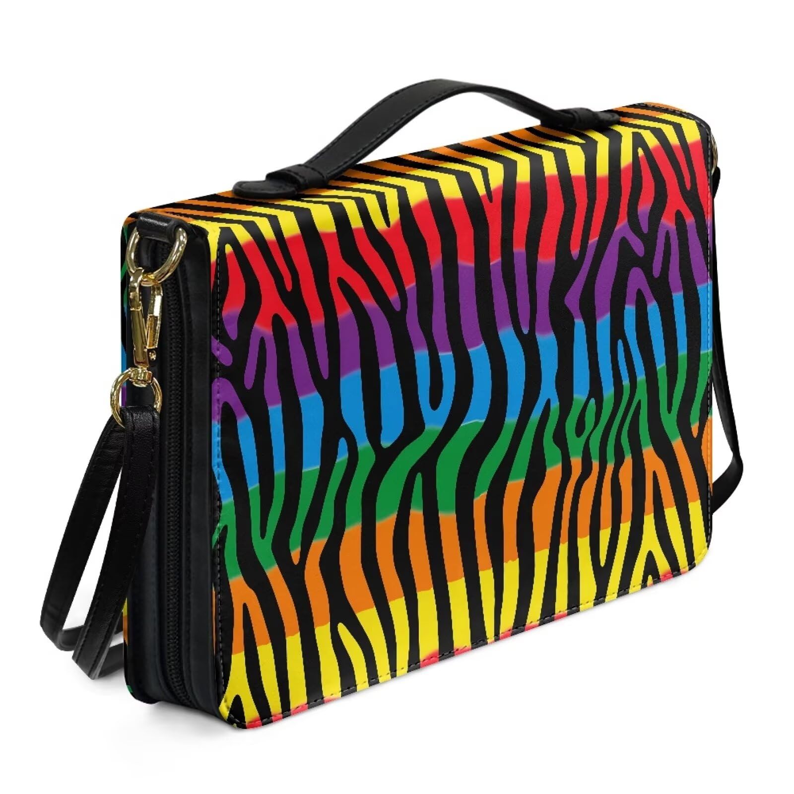 Kuiaobaty Rainbow Zebra Stripes Print Bible Cover with Zipper Shoulder Strap Colorful Art Line PU Leather Bible Protective Bag for Women, Church Case — image 1