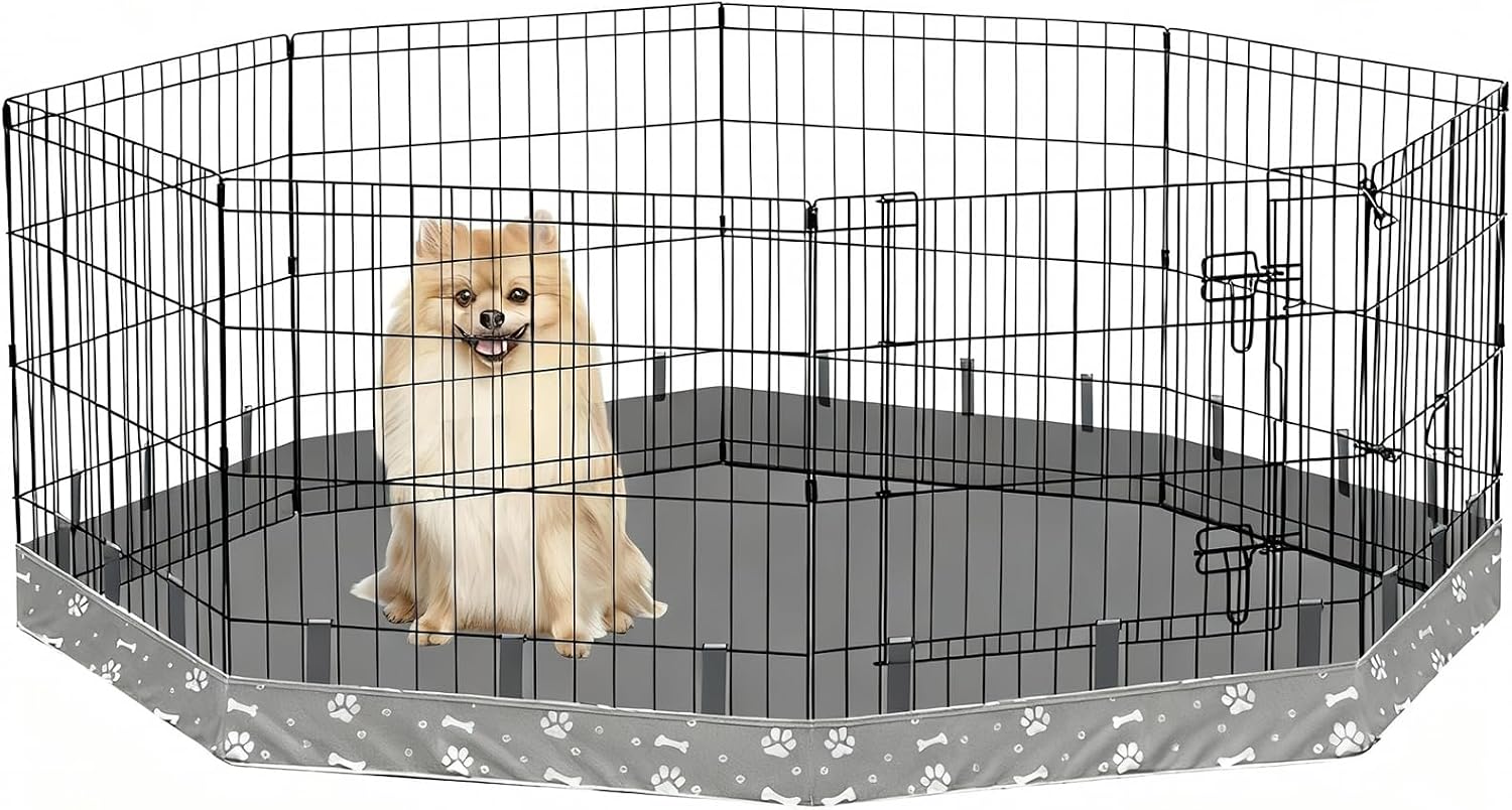 Dog Playpen Bottom Pad for 24" Metal Octagon 8-Panel Pet Pen | Waterproof Reusable Dog Training Mat | Design with Elastic Buckle Connections (Note: Playpen Not Included) (Black)