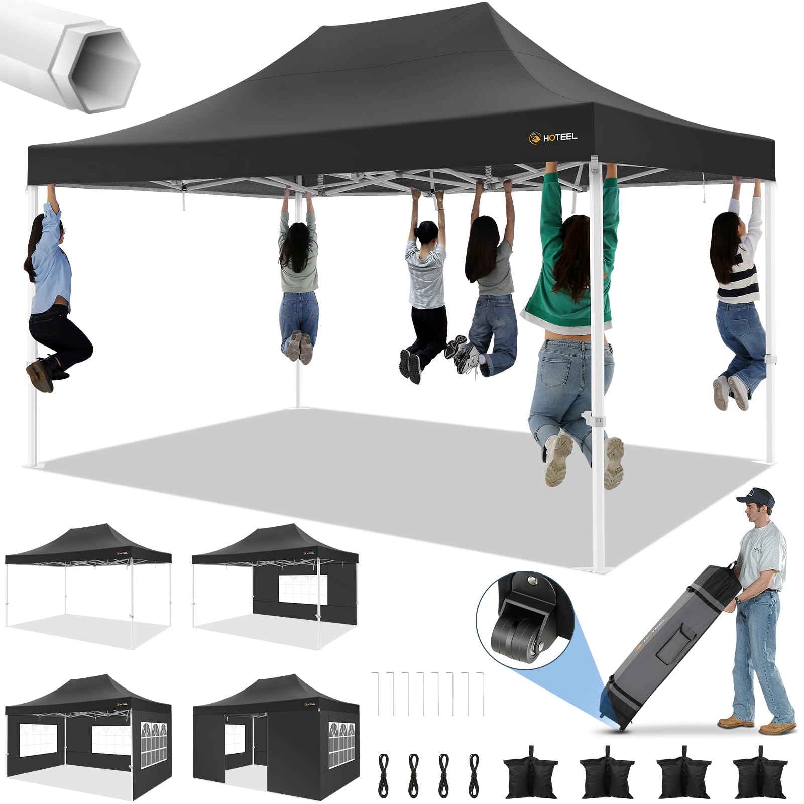 hoteel canopy tent 10x15 heavy duty pop up canopy with sidewalls, party tent with roller bag for event wedding, upgraded commercial waterproof instant canopy, thick hexagonal legs, upf50+, black