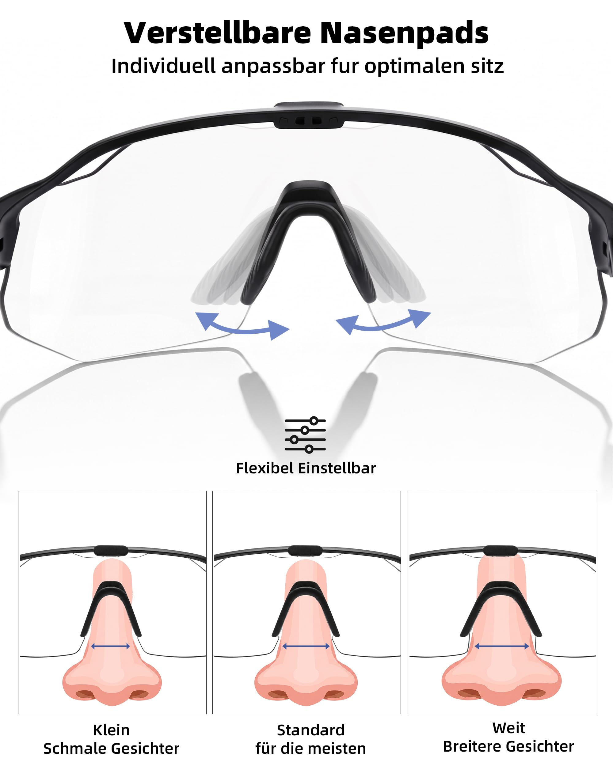 Fahrradbrille Herren Damen Selbsttönend, Photochrome Laufbrille UV400 mit Verstellbarem Nasenpad, 27g Leichte TR90 Sportbrille Sonnenbrille Schnelle Brille für Fahrrad, MTB, Outdoor