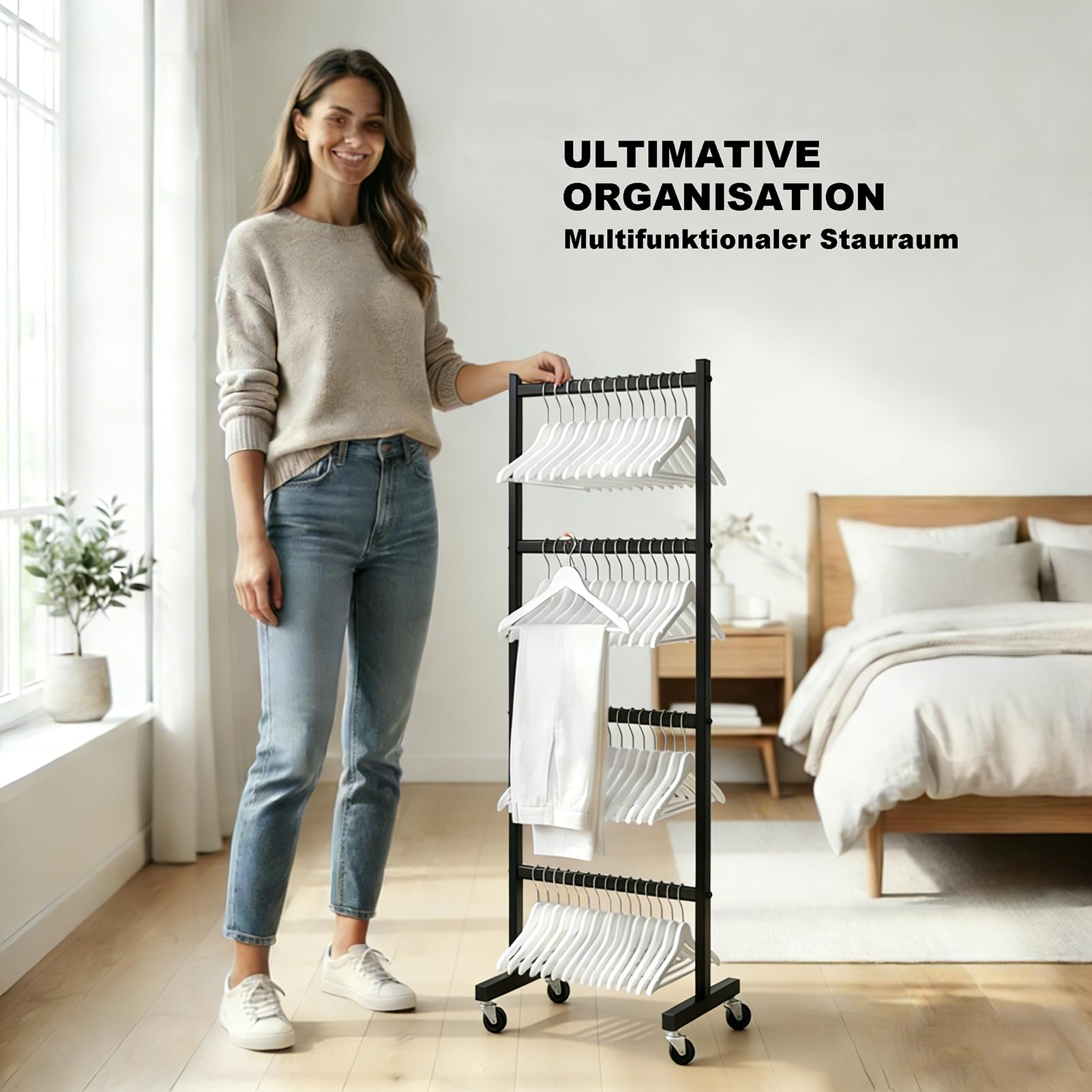 HJZALMI Organizador de Almacenamiento Portapercha 110 Perchas Ruedas | 4 Niveles De Almacenamiento Portaperchas Metálico Negro，Perchas Ruedas Giratorias 360° Silenciosas Con Freno