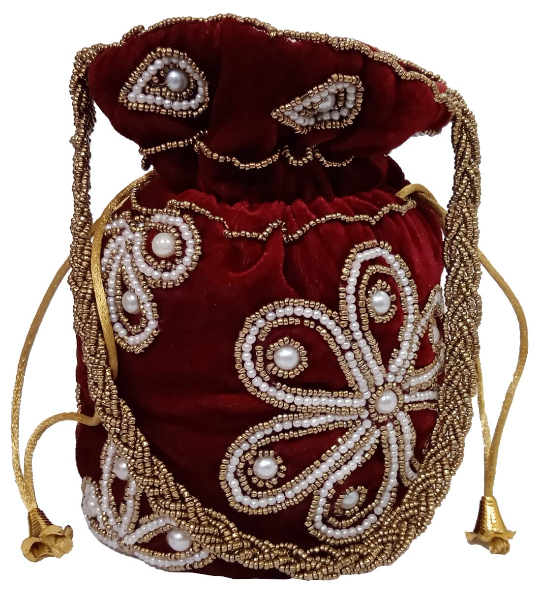 Purpledip Women's Chenille Intricate Bead Work Drawstring Potli Bag (Maroon, 12396G)