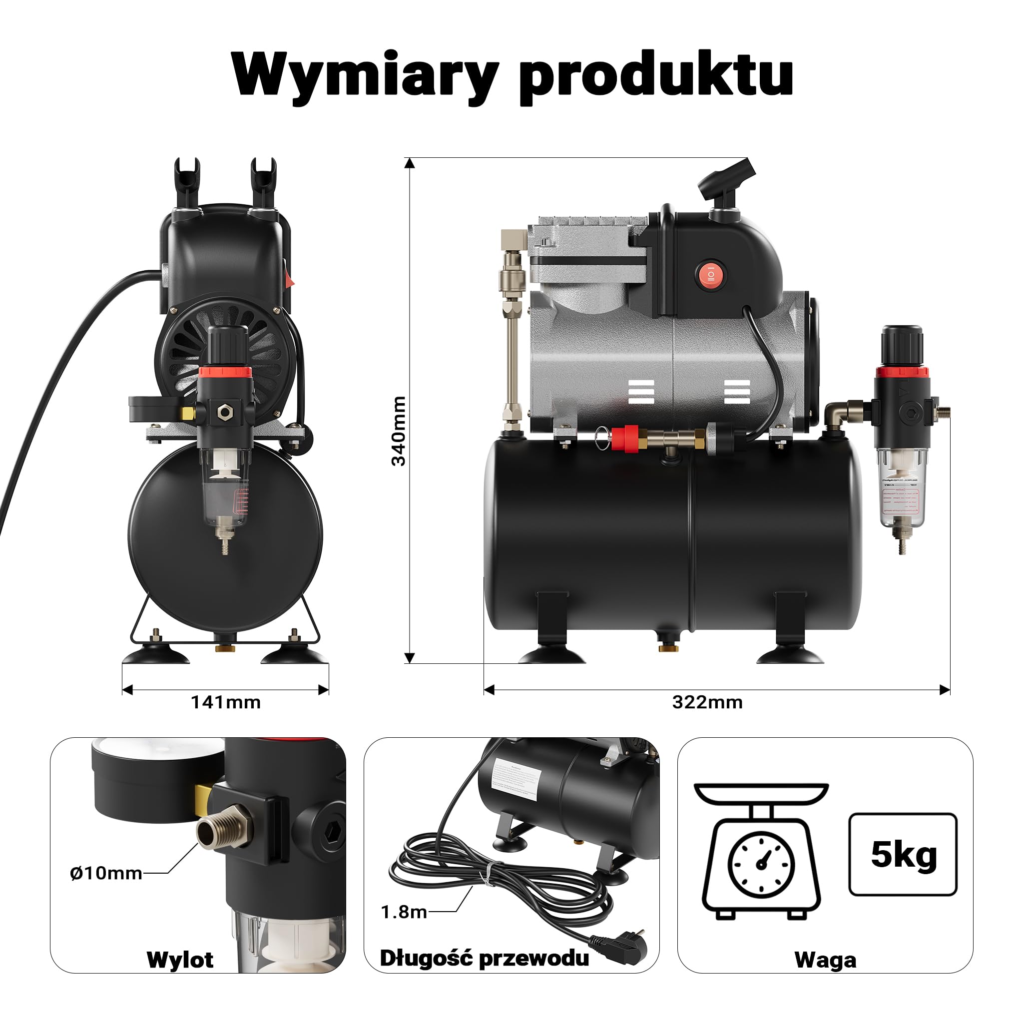Wiltec Jednocylindrowa sprężarka tłokowa do aerografu AF189 ze zbiornikiem powietrza, ciśnienie maks. 6 bar, reduktor ciśnienia, separator wody, manometr