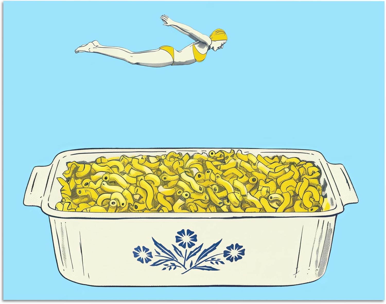 The Macaroni and Cheese Dive : Vintage Illustration of Diver-Girl Leaping into Mac and Cheese - 11x14 Framed Print for Home Kitchen, Dining Room, Restaurant-Funny, Whimsical Pasta Classic Comfort Food
