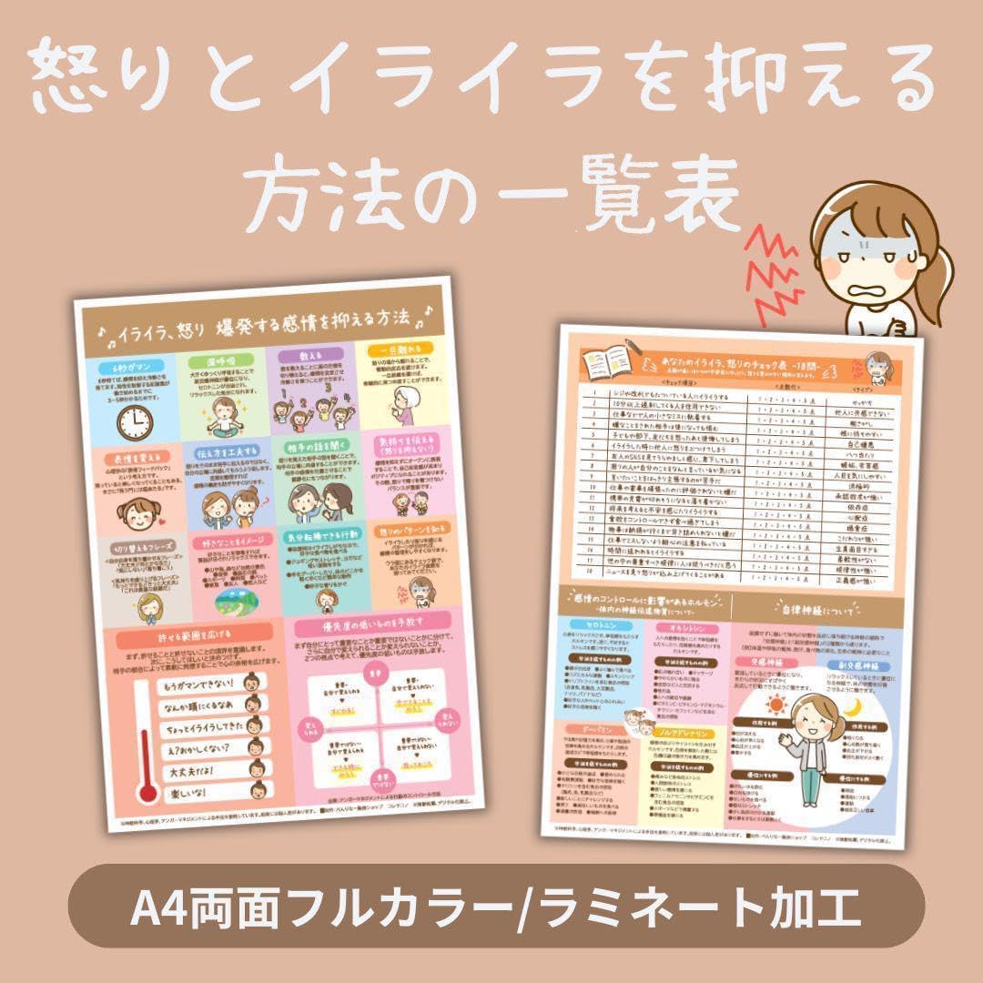 怒りやイライラを抑える方法の一覧表感情を管理する早見表A4ラミネート加工