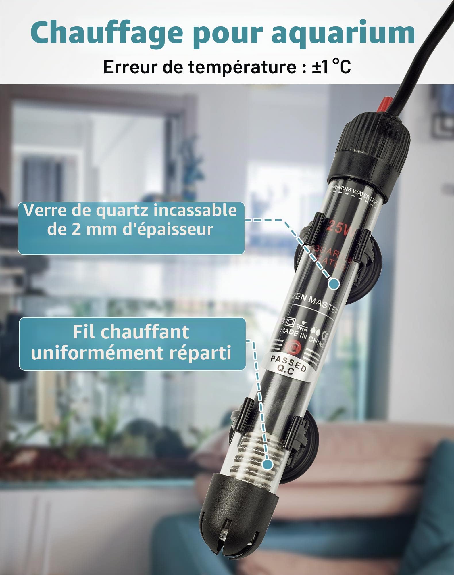 NETONDA Chauffage d'aquarium Réglable 30 l 25 W Résistance Aquarium avec Thermostat 20-34 °C pour Réservoirs à Poissons et Aquarium