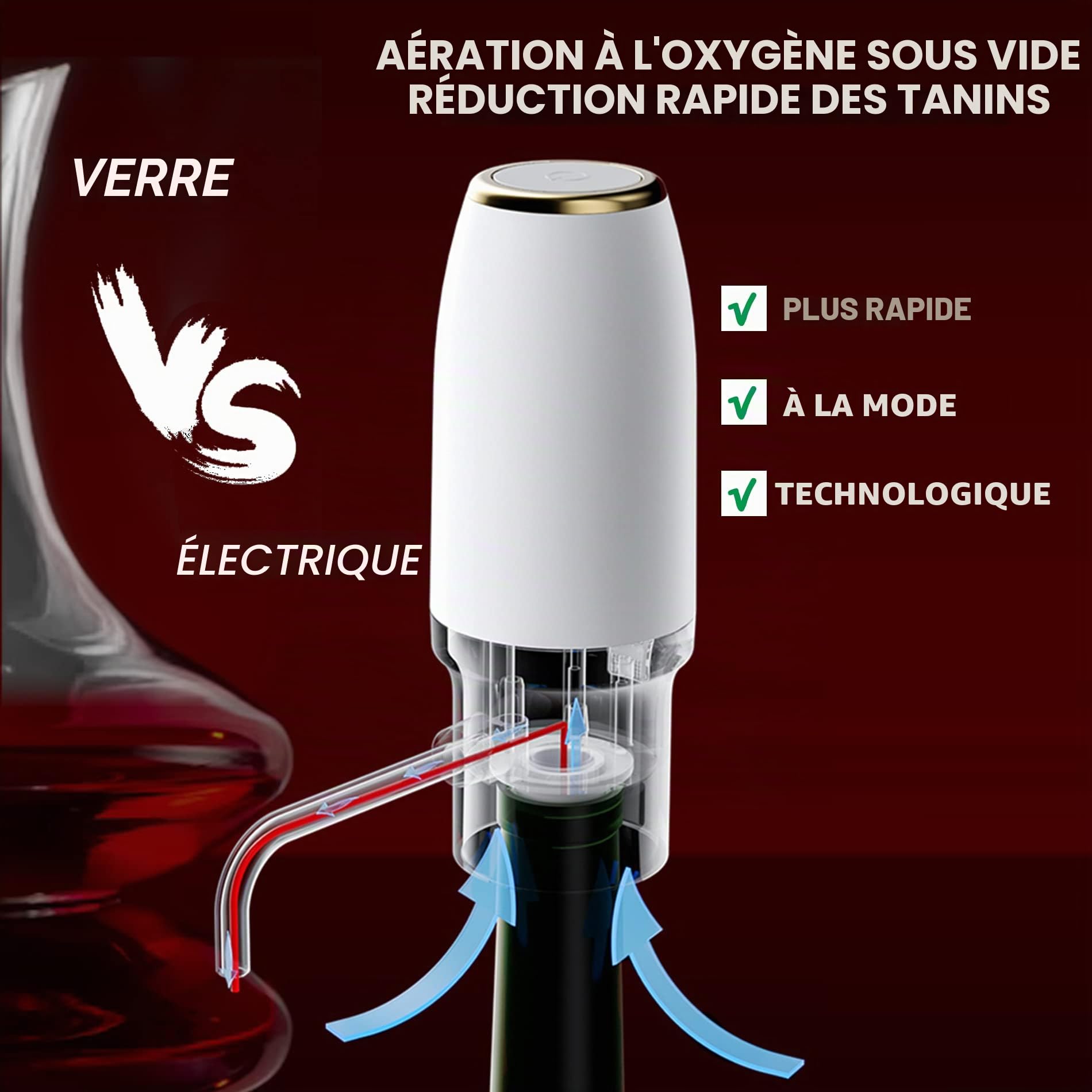 Aérateur-verseur de vin électrique, carafe à vin intelligente à une touche avec port USB-C