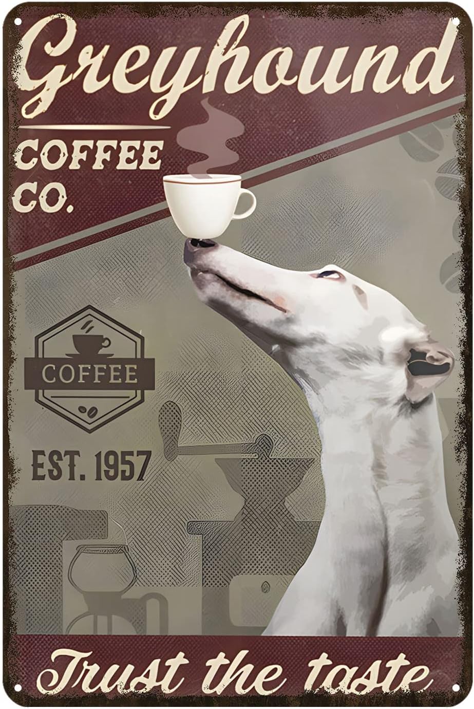 Pzecaru Vintage Tin Sign Greyhound Dog Coffee Trust The Taste Metal Poster Retro Plaque Wall Decor Gift For Garden Men Cave Garage Classroom Library Living Room School 16x24 Inch