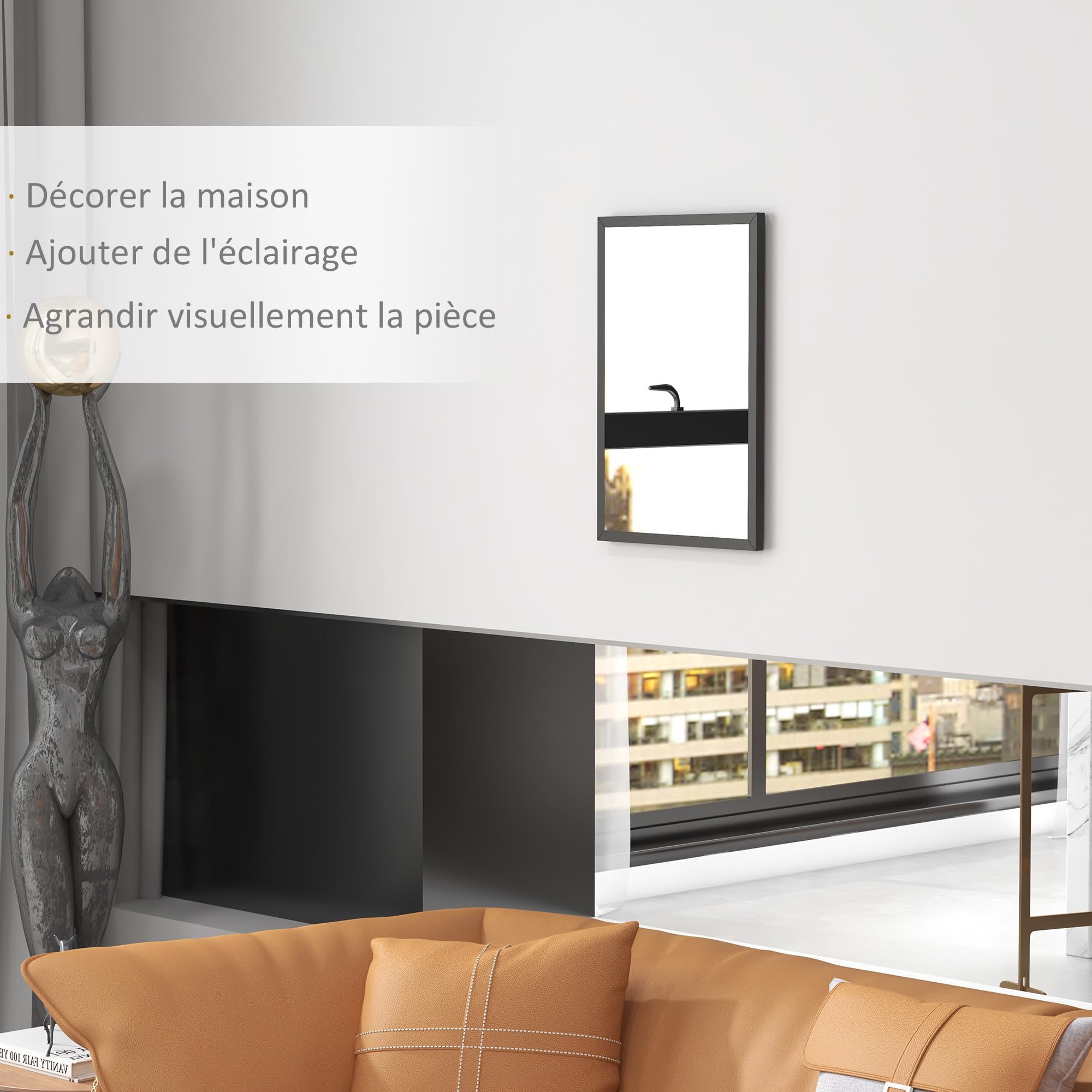 HOMCOM Miroir Mural Rectangulaire 60 x 40 cm Cadre en Bois Noir Salle de Bain