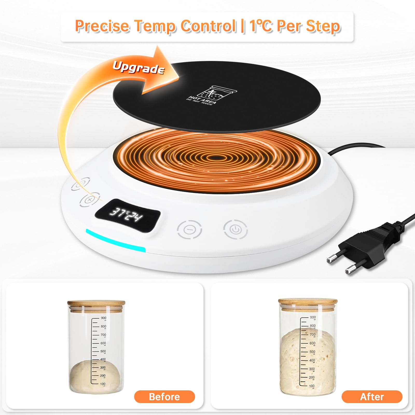 Calentador de masa madre, placa calefactora con termostato preciso de 1 °C (18-43 °C), temporizador de 24 horas y función de memoria, dispositivo de calentamiento con encendido y apagado automático, i