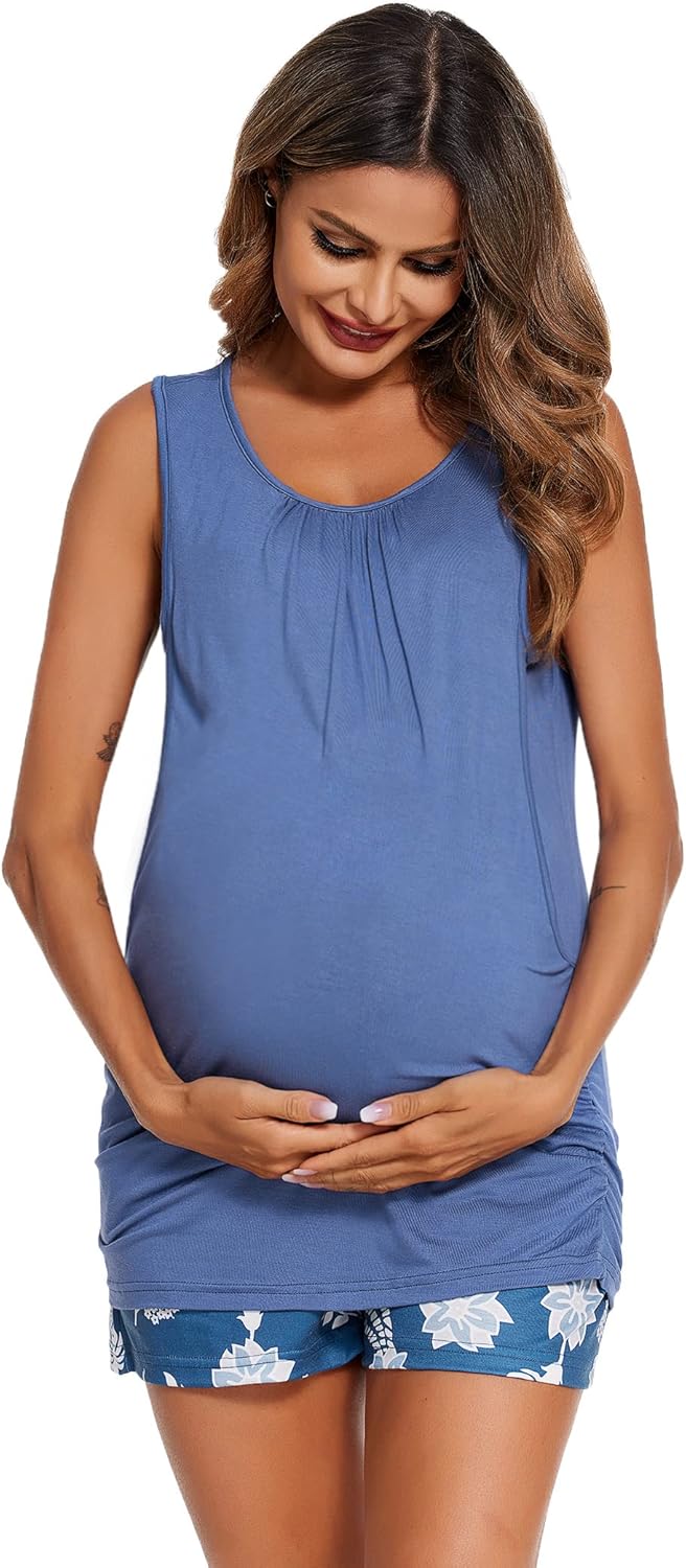 Ekouaer Women Maternity Nursing Pajama Set Breastfeeding Double Layer Pregnancy Pjs Set Sleeveless Top & Shorts with Pockets - Image 3