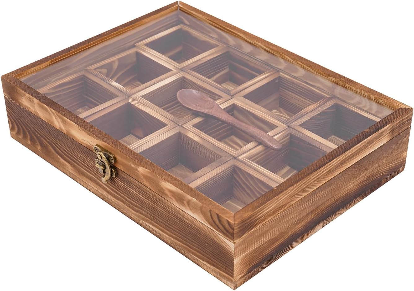 12 Compartments Wooden Spice Box Pine Wood Masala Dabba Container with Spoon Multipurpose Kitchen Storage Organizer for Spices Dry Fruits Each Partition Table Top Decorative Rack
