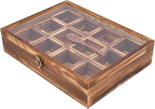 12 Compartments Wooden Spice Box Pine Wood Masala Dabba Container with Spoon Multipurpose Kitchen Storage Organizer for Spices Dry Fruits Each Partition Table Top Decorative Rack