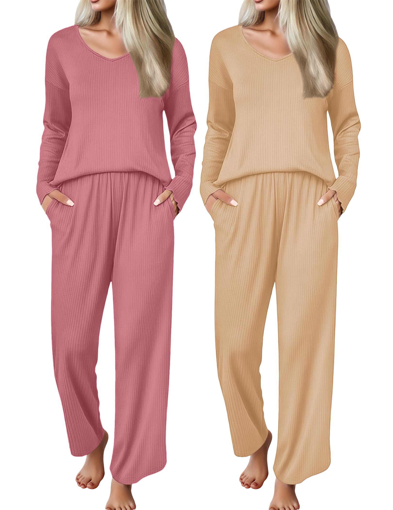 Ekouaer 2 Pack Womens Ribbed Knit Pajama Sets V Neck Soft Lounge Sets Long Sleeve PJs Loose Matching