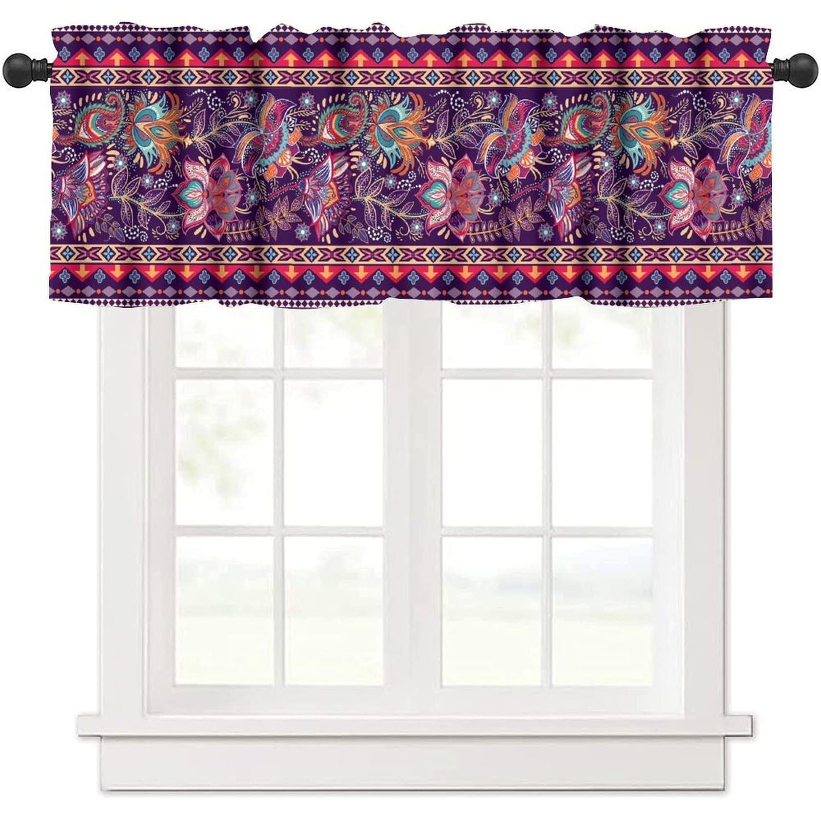 moderw Rustic Paisley Window Valance Curtains Retro Asian Ethnic Floral Colorful Ornamental Flower Seasonal Window Treatments Curtain Valance for Farmhouse Kitchen Bedroom Living Room 54x18inch