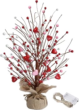 19" H Valentines Day Heart Table Tree Decorative Red Love Berries,20 LED Light UP Artificial Tree Decor for Valentines Day Party Home Decor,Valentine Classroom Decorations
