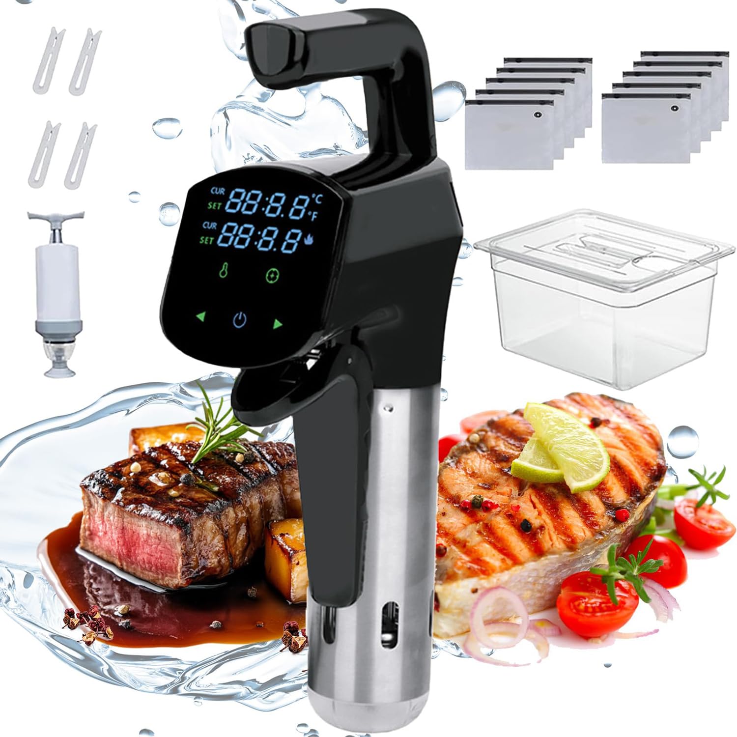 Cocina De Precisión Sous Vide, Kit De Máquina Sous Vide con Bomba Extractora, Bolsa Sellada, Clip, Control De Visualización Led De Temperatura Y Tiempo, Circulador De Inmersión Térmica De Cocina