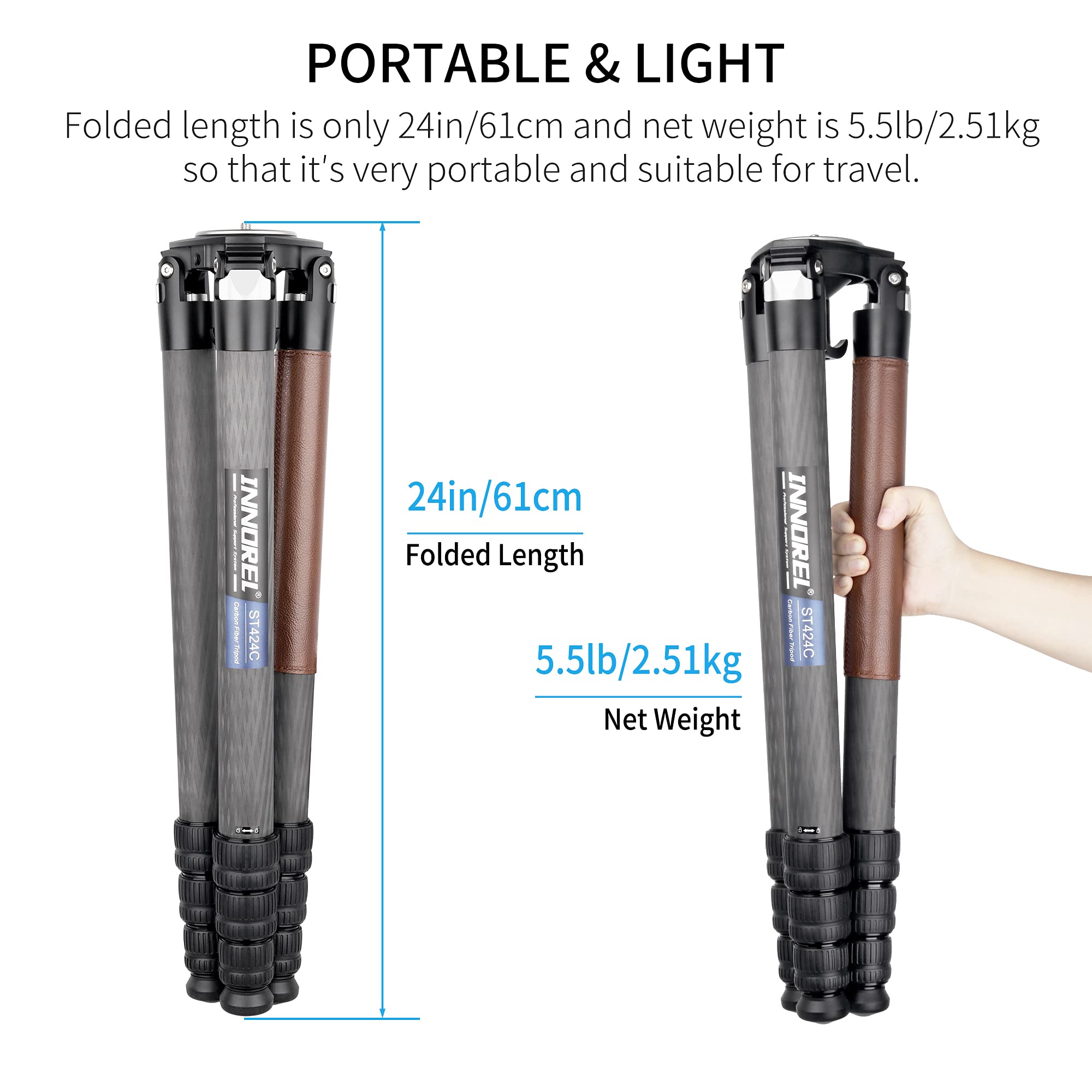 Treppiede in fibra di carbonio INNOREL ST424C Supporto per fotocamera professionale per impieghi gravosi con adattatore per ciotola da 75 mm tubo da 42,4 mm Carico massimo 42 kg Altezza massima 170 cm