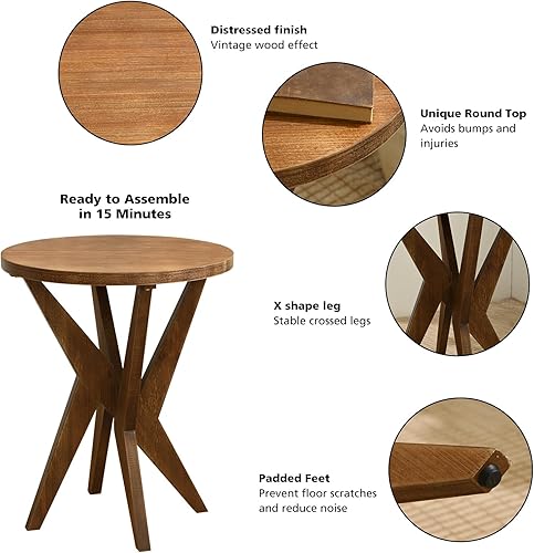 Miniatura 3 de Mesa auxiliar redonda de granja con parte superior de MDF y patas cruzadas, mesa auxiliar bohemia de mediados de siglo, moderna mesa decorativa