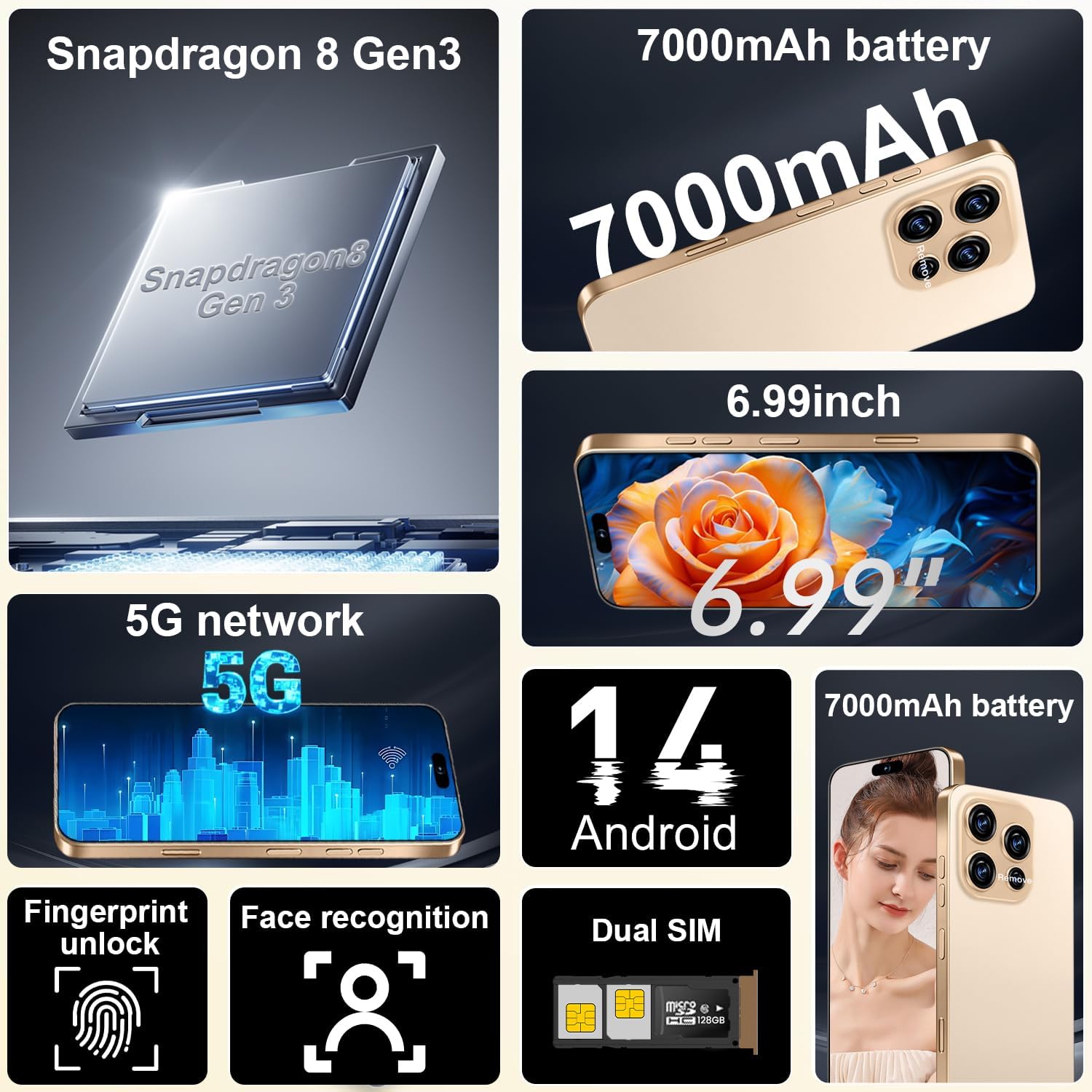 16PM 5G Unlocked Smartphone,12GB+512GB 7000mAh Fully Cell Phone for Android 14, 6.99" HD Screen Unlocked Cell Phone, 68MP+108MP Dual Camera/Dual SIM/Fingerprint (Gold)