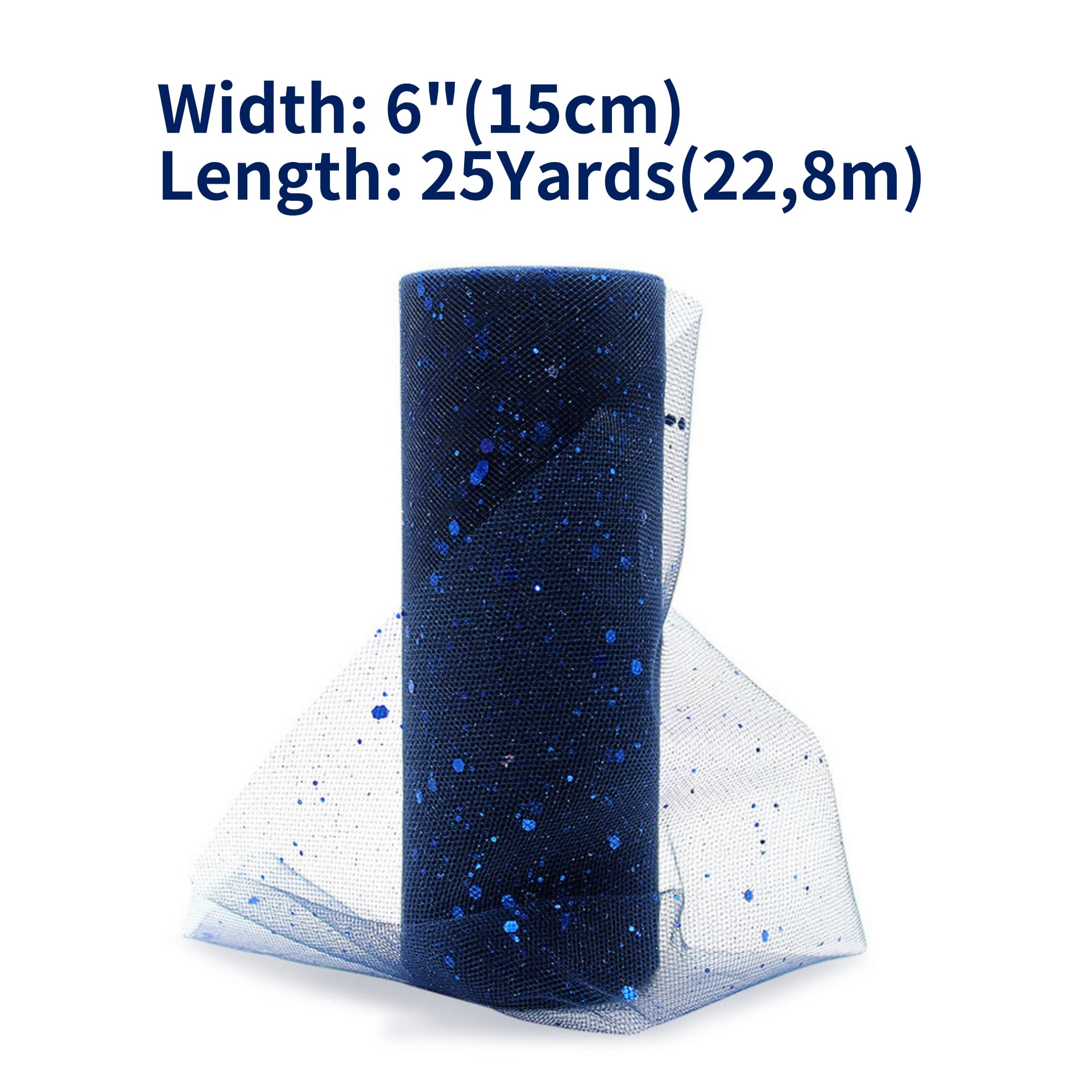 MECCANIXITY 6-Inch Wide Glitter Tulle Ribbon - 25 Yards Steel Blue Sparkly Netting For Crafts