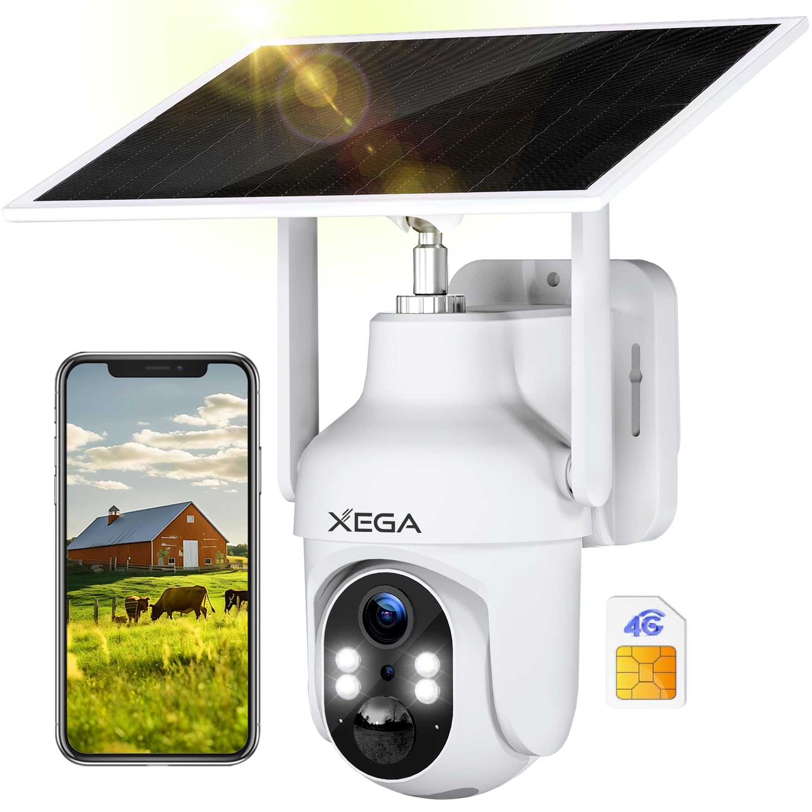Xega 4G LTE Camara Solar con Tarjeta SIM, 2K HD PTZ Camara Exterior Panel Solar 6W Baterías 10400mAh, Foco y Sirena Visión Nocturna en Color PIR Detección Humana Almacenamiento TF/Cloud IP66