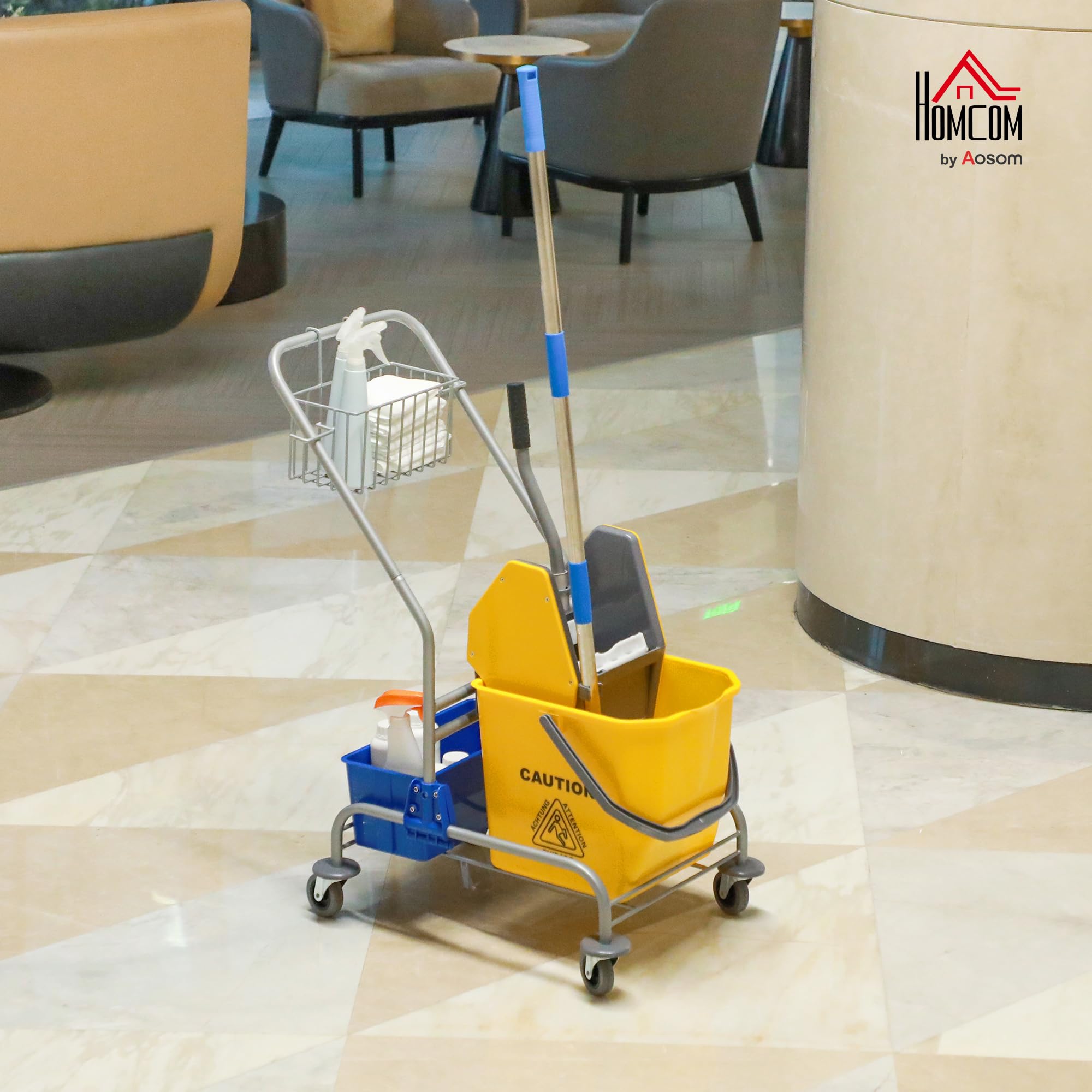 HOMCOM Carro de Limpieza Carro de Servicio con Cubos de Fregona de 25L Escurridor Cubeta y Estantes para Hotel Oficina 72x49,5x95 cm Amarillo
