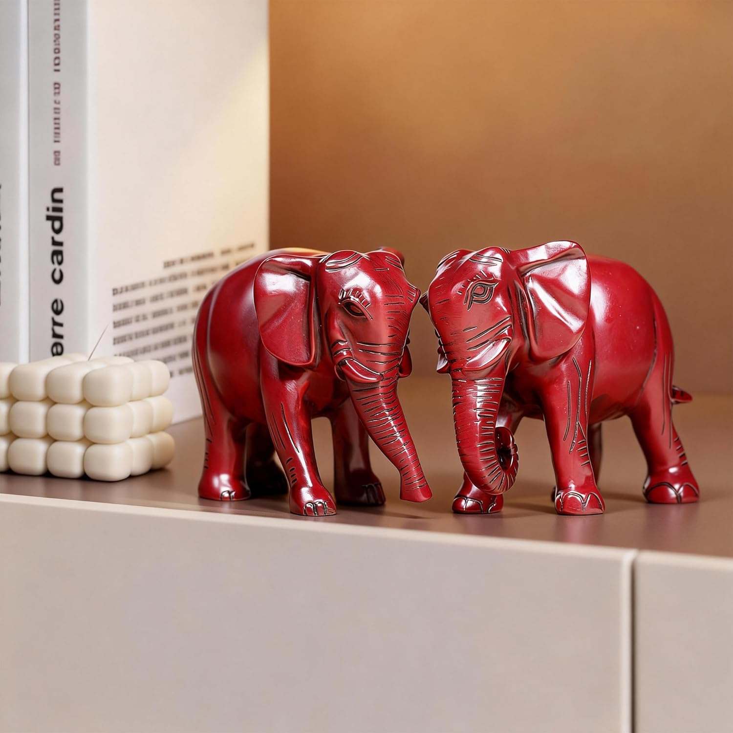 Pack 2 Red Elephant Statues and Figurines with Trunk Up/Down-Wealth Feng Shui Elephant Statue Home Decor for Living Room-Ideal Gift for Mom Women Birthday