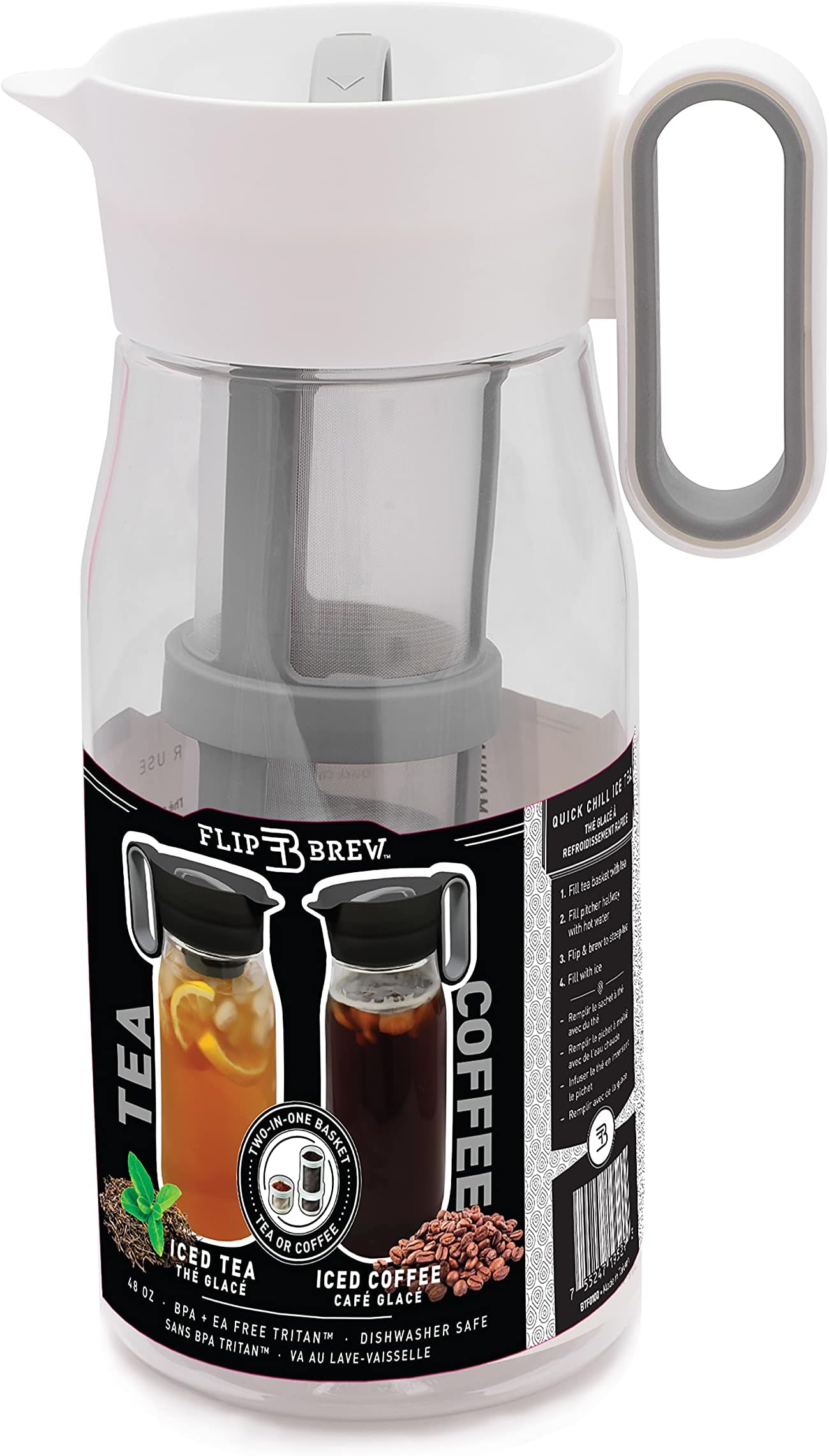 Flip Brew by Zing Anything, Instant Iced Tea Maker, Cold Brew Coffee Maker, Two-in-One Cold Brew Coffee or Tea Maker, Multi-Purpose Pitcher, Dishwasher Safe, BPA/EA Free Tritan, 48 oz., White