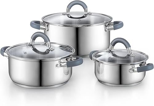 Cook N Home Juego de ollas de acero inoxidable con tapa de vidrio, juego de 6 piezas de utensilios de cocina básicos con asas de silicona que se