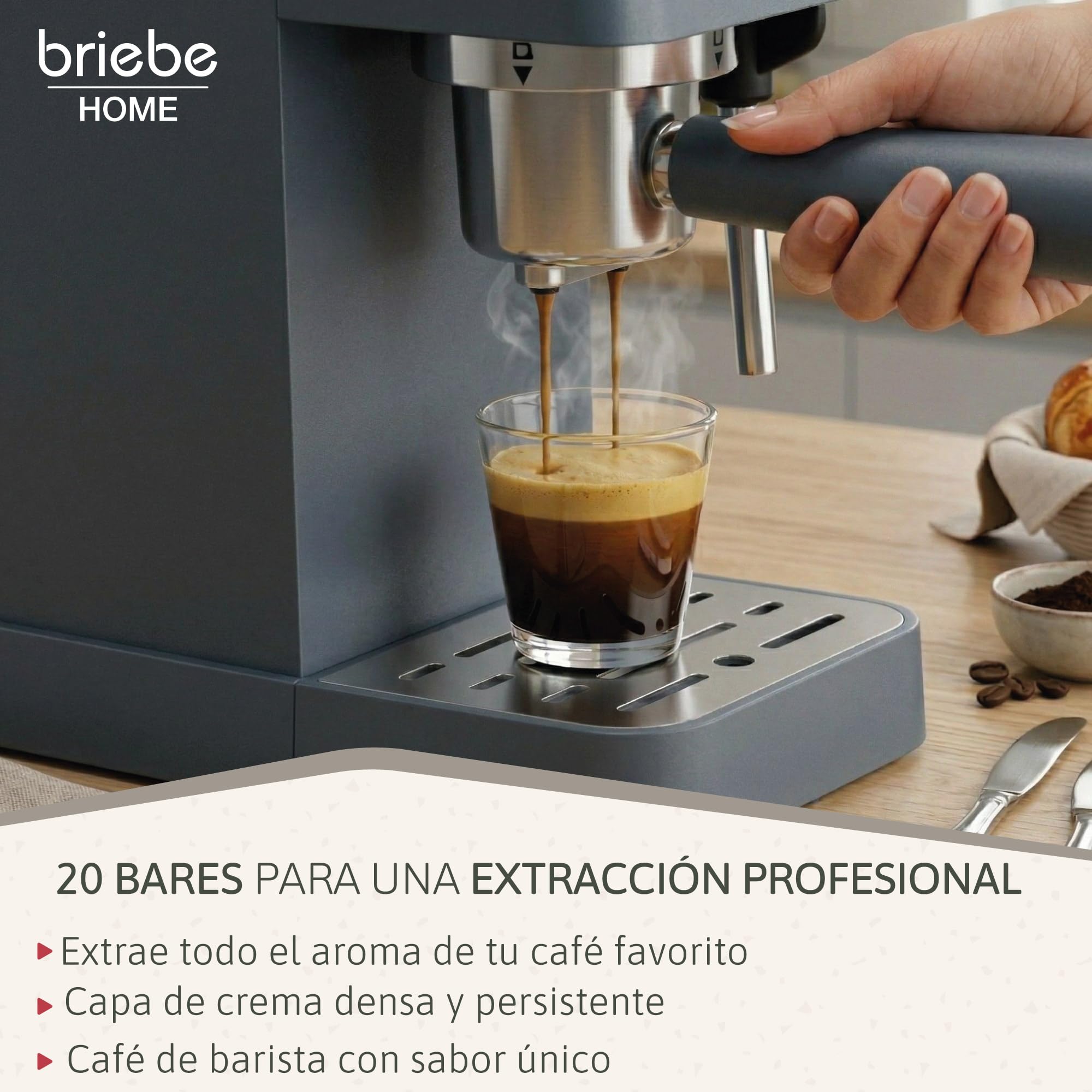 briebe Nordic Cafetera Espresso 20 Bares Compatible Cápsulas Nespresso y Café Molido, Máquina Café Semiautomática Profesional 1350W, Espumador Leche, Pantalla Táctil, 1,2L, Diseño Nórdico, Gris — view 8