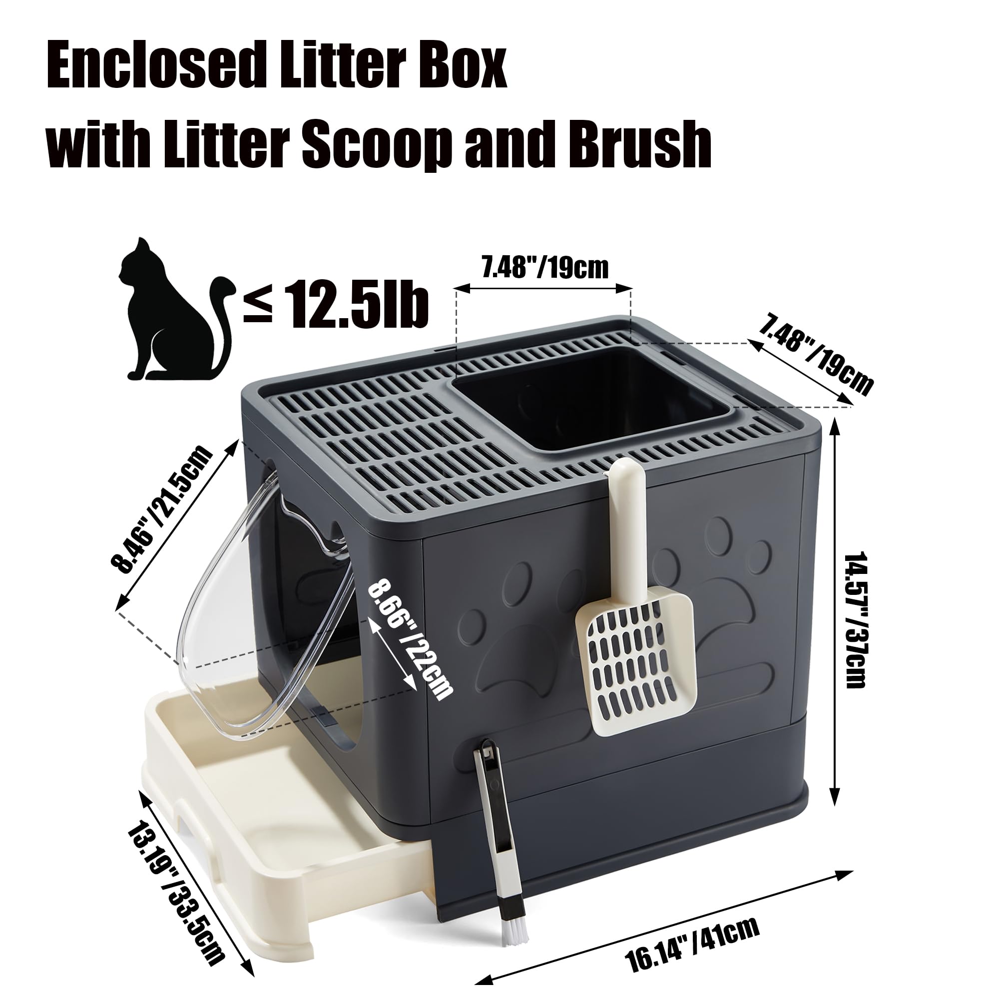 Vealind Covered Litter Box with Lid, Low Entry Kitten Small Litter Box Enclosure with Scooper and Brush, Anti-Splashing Top Entry Litter Box Black