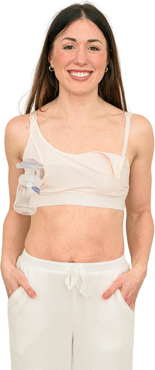 Pumping & Nursing Maternity Bra, Drop Down Cups, Pull Back Fabric, Hands Free Pumping, Cotton, Beige, S-5XL