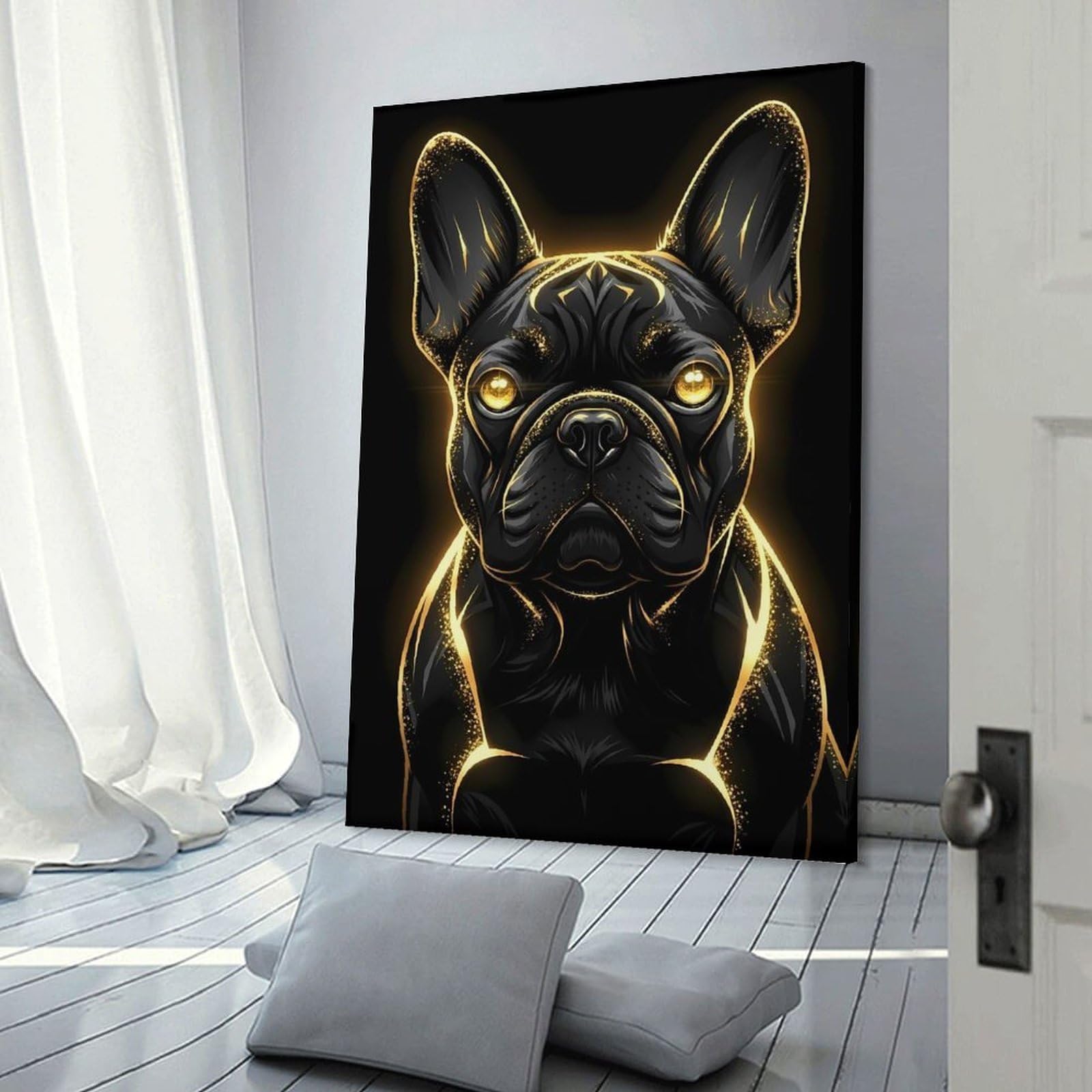 Junmoney Frame-Style-16 Hanging Wall Art Golden Aura French Bulldog Portrait, 24X36inch(60X90cm), For Entryway, Lounge Links Or Small Walls, A Neat Decor Update For Hallways