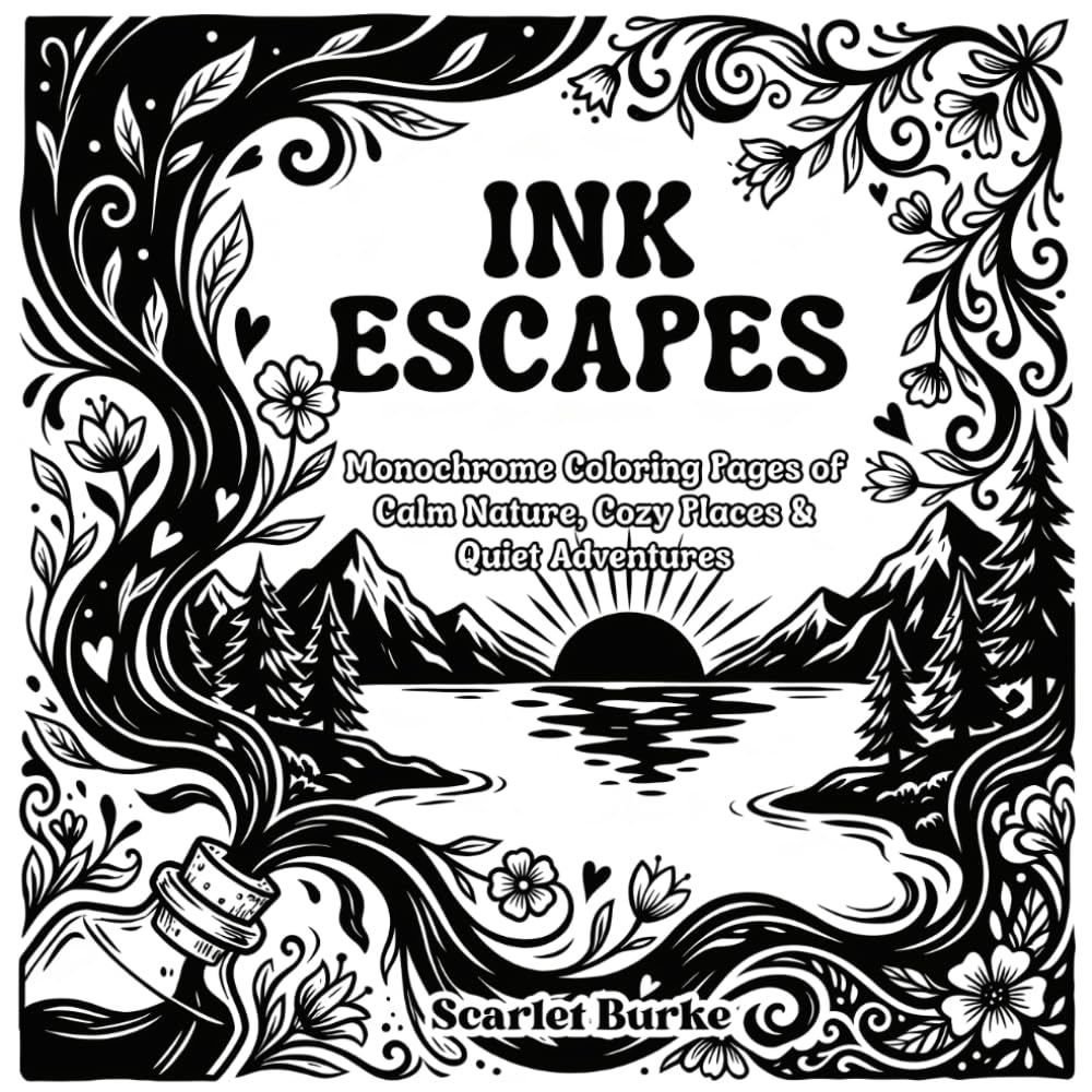Ink Escapes: Monochrome Coloring Pages of Calm Nature, Cozy Places & Quiet Adventures