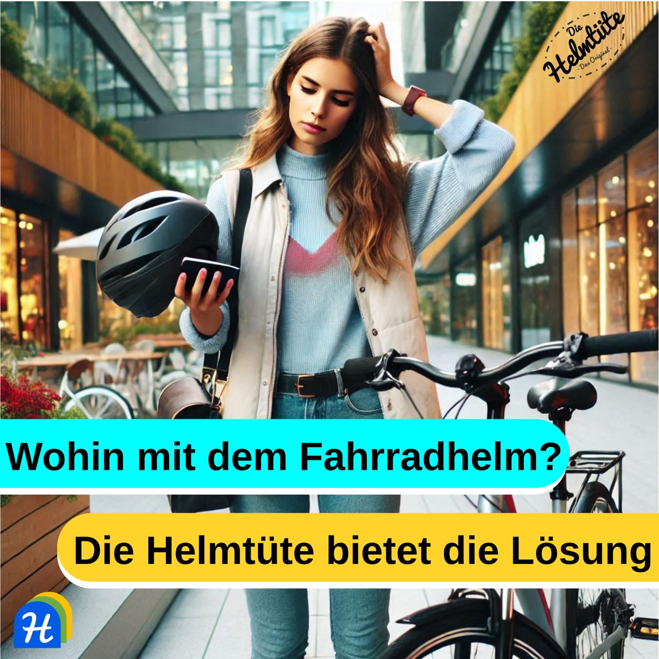 wasserdichte Helmtasche mit Diebstahlschutz; Fahrradhelm einfach am Rad verstauen, Helmschutz & Sattelschutz in einem - auch als Einkaufstasche nutzbar.