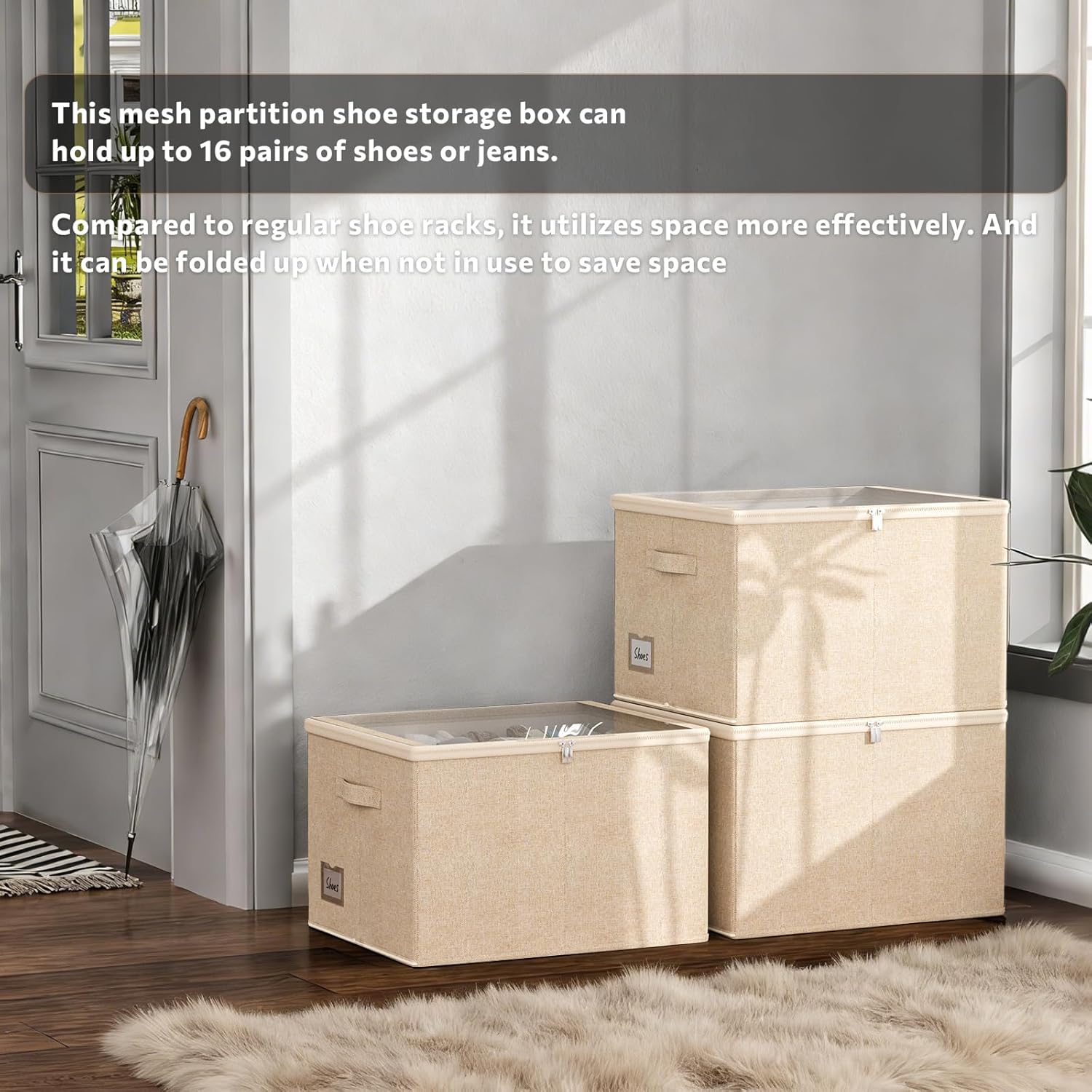Shoe Organizer for Closet-2 Pack Foldable Shoe Storage Organizer Box with Clear Cover,Handles Fits up to 32 Pairs (Beige, 19.7 * 15.7 * 12.6in)