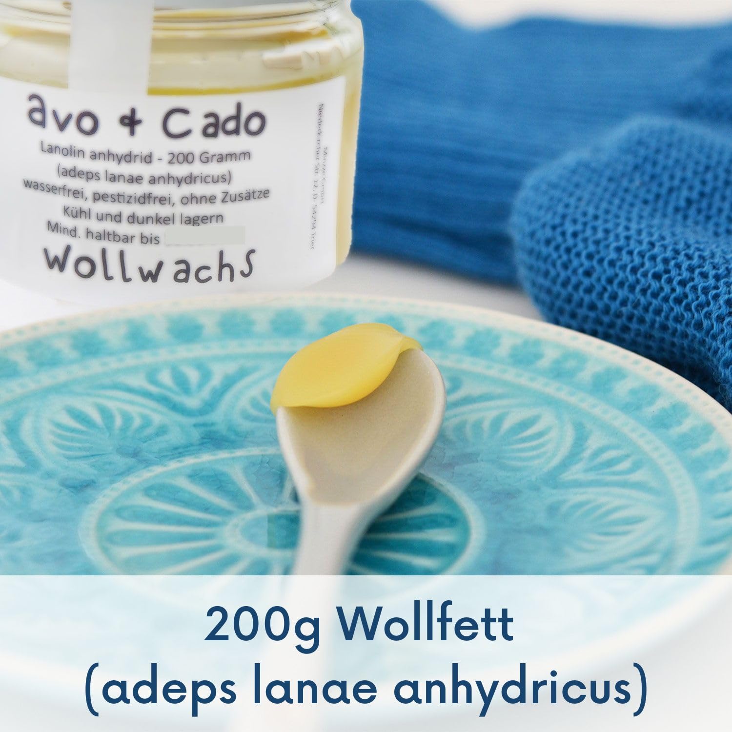 avo+cado Wollwachs 200g im Glas - zur Wollimprägnierung - zum Fetten von Wollwindeln und Wollkleidung - Brustwarzensalbe Creme - 100% reines Lanolin Schafwollfett - Wasserfrei und pestizidfrei