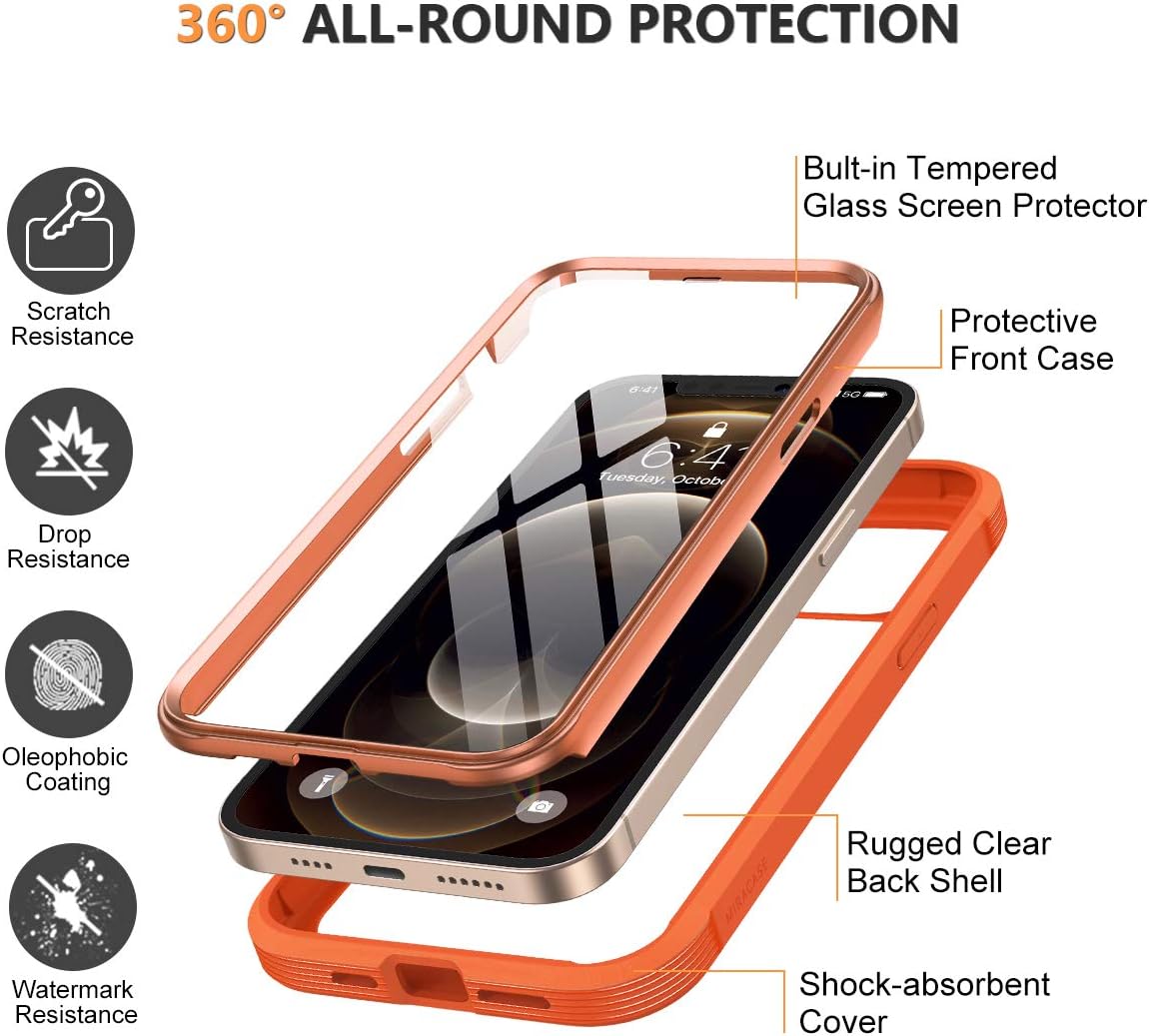 Miracase Glass Case for iPhone 12 Pro Max 6.7 inch (2020), Full-Body Clear Bumper Case with Built-in 9H Tempered Glass Screen Protector for iPhone 12 Pro Max, Orange