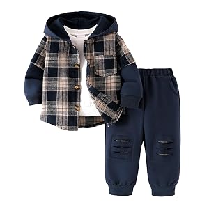 Toddler Baby Boys Clothes 2Pcs Fall Winter Outfits Sweatsuit Button Plaid Shirt Hoodie Ripped Pants 12M-5T