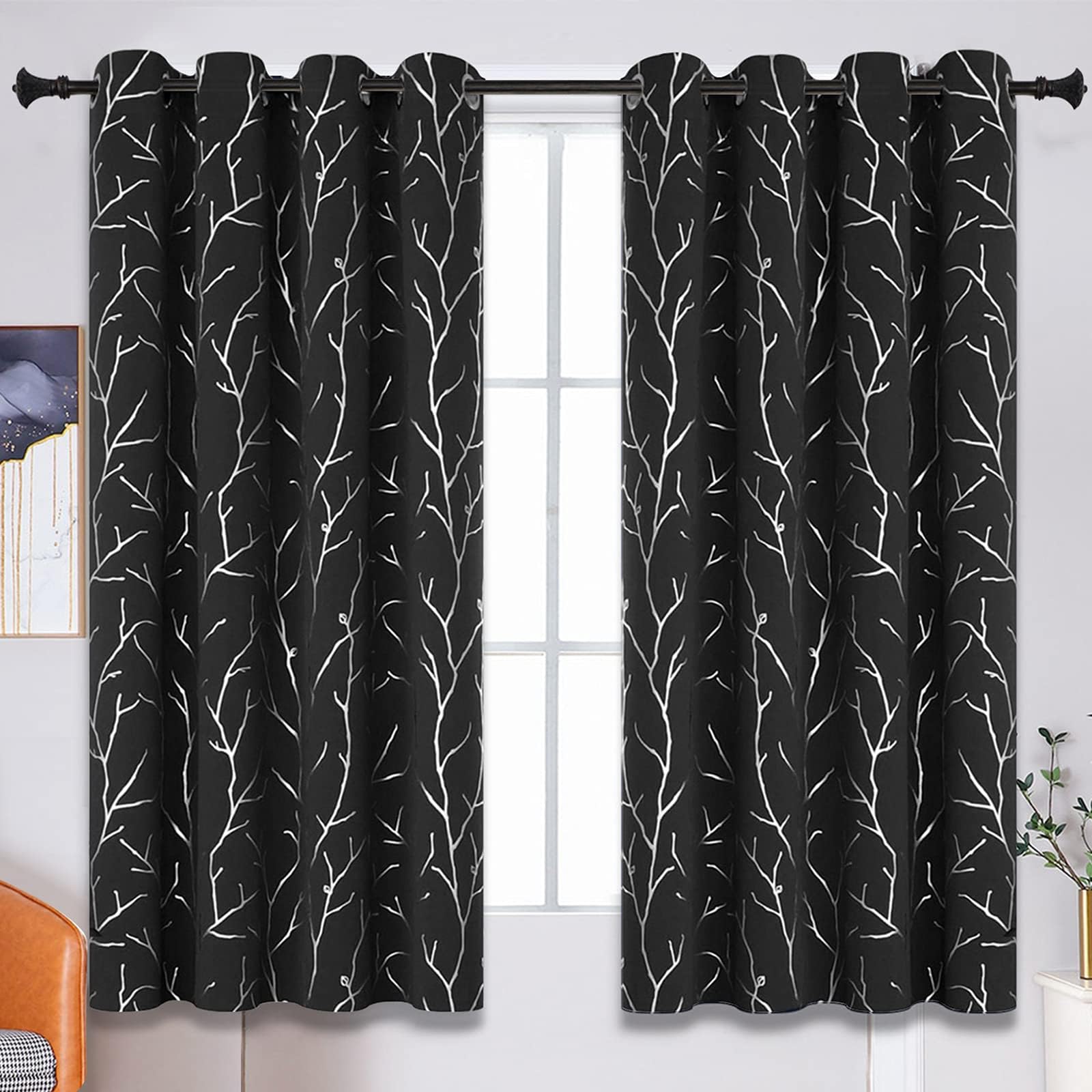 BU HUA Blackout Foil Print Curtains Thermal Insulated Room Darkening Sun Blocking Curtains for Bedroom Black 52W×84L Inch 1Pair