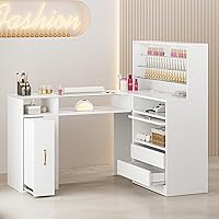 Vista 11 de Mesa de manicura en forma de L con estantes, estación de mesa de uñas con parte superior de cristal, resistente a acetona, con cajones